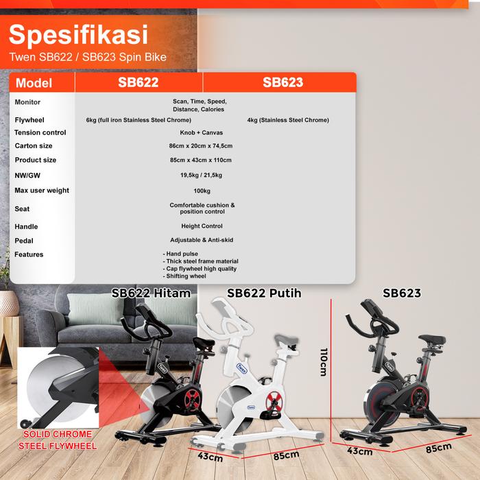 Twen SB622 Spinning Bike Kardio Alat Fitness - SB622 White + App Gambar produk 2
