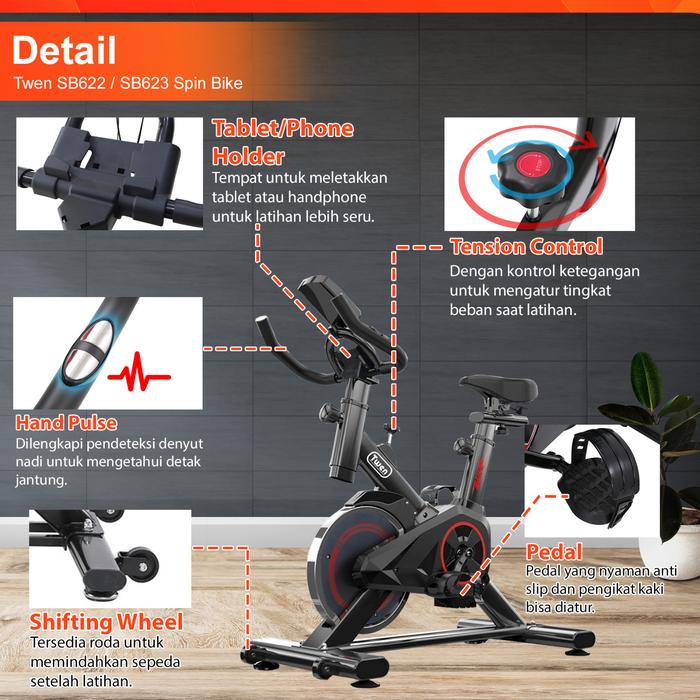 Twen SB622 Spinning Bike Kardio Alat Fitness - SB622 White + App Gambar produk 3