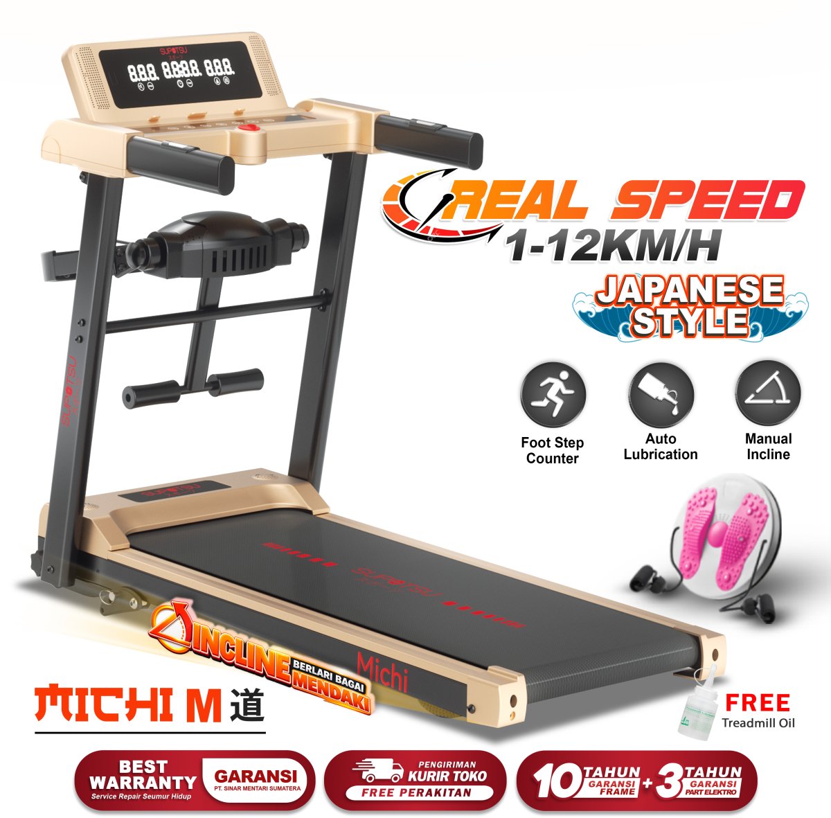 SUPOTSU Michi Hitam Multi Treadmill Listrik Treadmill Portable Treadmill Multifungsi Treadmil Lipat Alat Olahraga