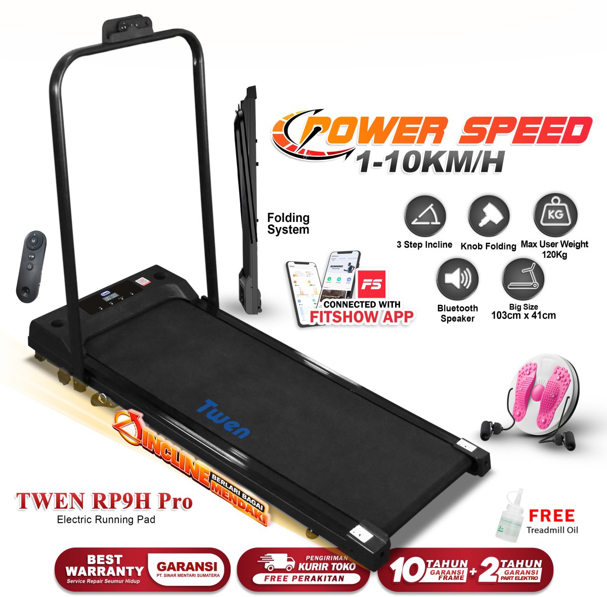 TWEN RP9H Pro Pink Running Pad Treadmill Listrik Treadmill Portable Treadmill Multifungsi Treadmil Lipat Alat Olahraga