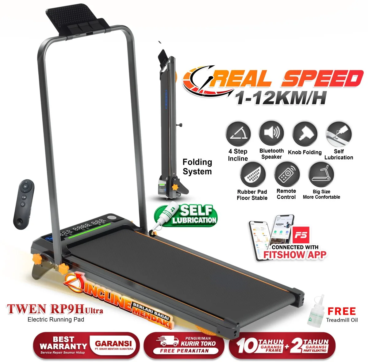 TWEN RP9H Ultra Hitam Running Pad Treadmill Listrik Portable