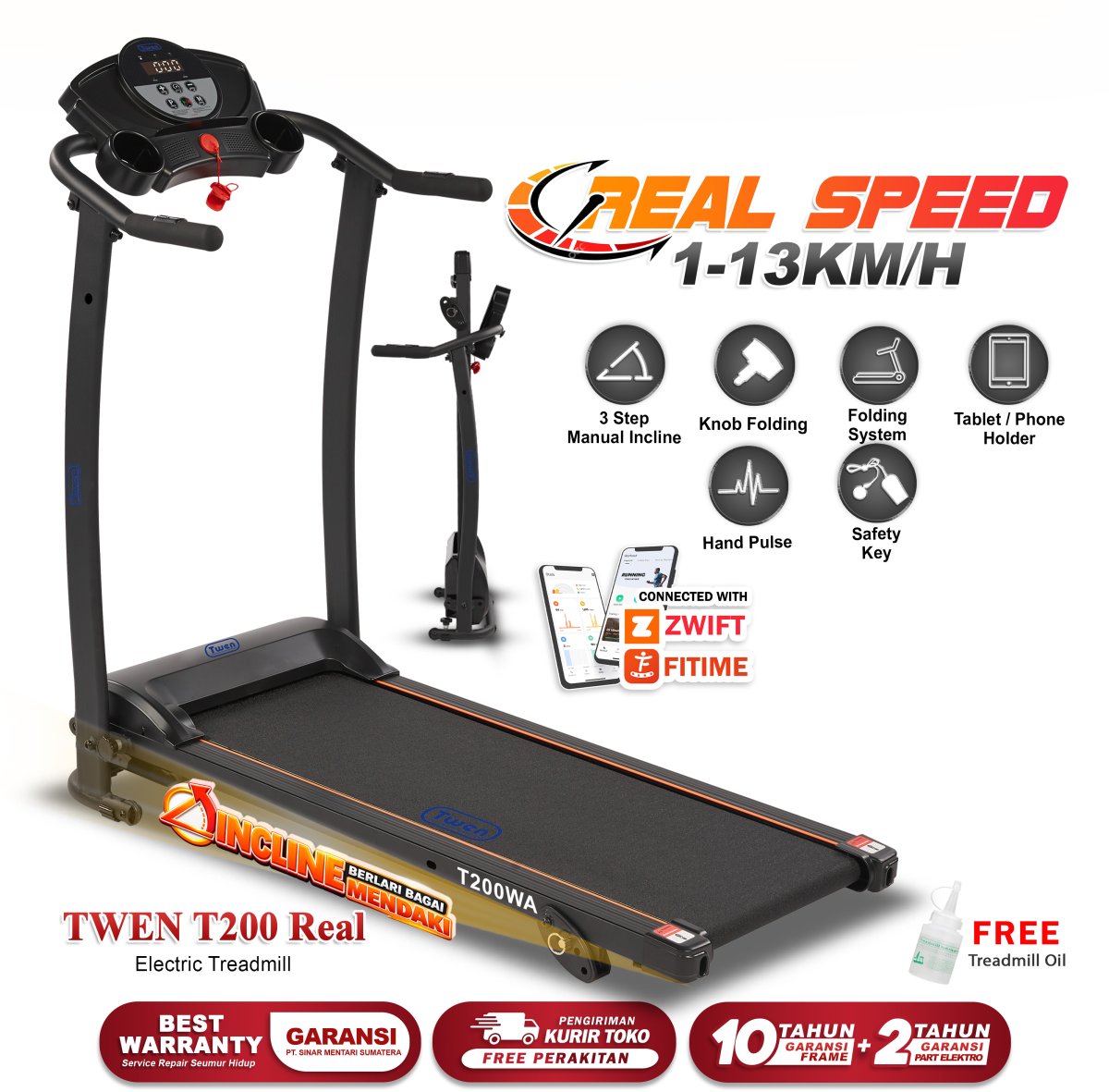 TWEN T200 Real Treadmil Listrik Treadmill Portable Treadmill Multifungsi Treadmil Lipat Alat Olahraga