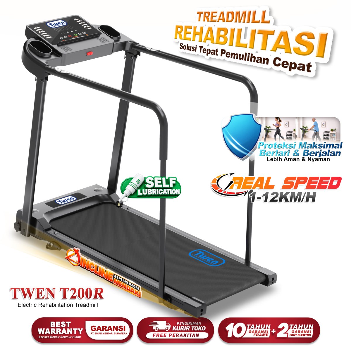 TWEN T200R Treadmill Rehabilitasi Treadmill Listrik Treadmill Portable Treadmill Multifungsi Treadmil Lipat Alat Olahraga