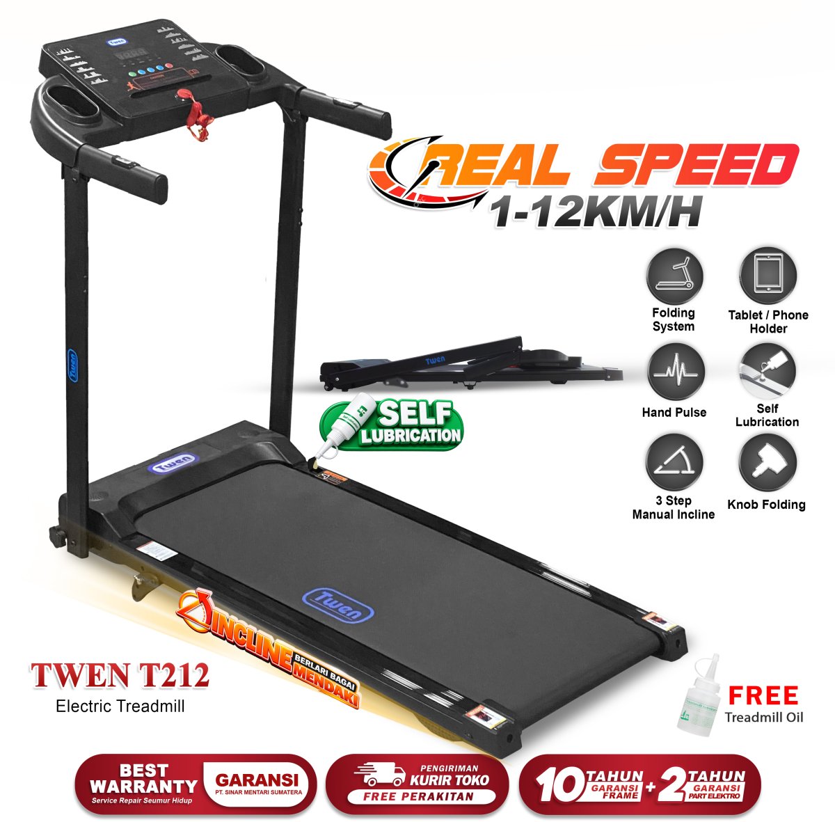 TWEN T212 Real Treadmil Listrik Treadmill Portable  Treadmill Multifungsi Treadmil Lipat Alat Olahraga