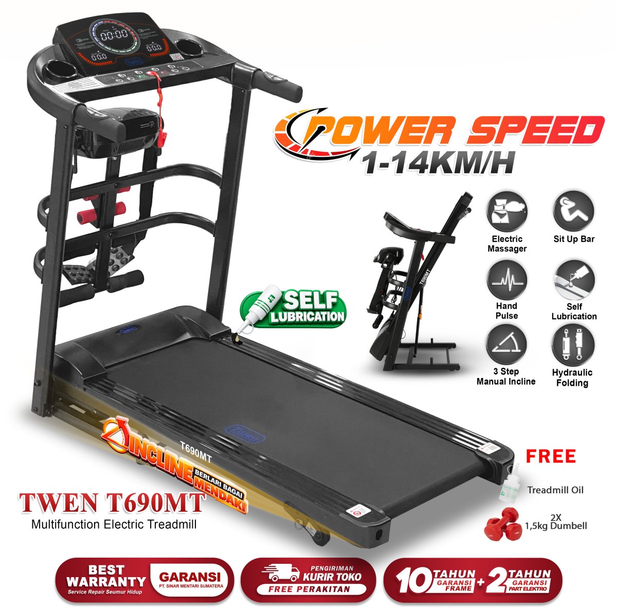 TWEN T690 MT Treadmill Listrik Multifungsi Treadmill Portable Treadmill Multifungsi Treadmil Lipat Alat Olahraga