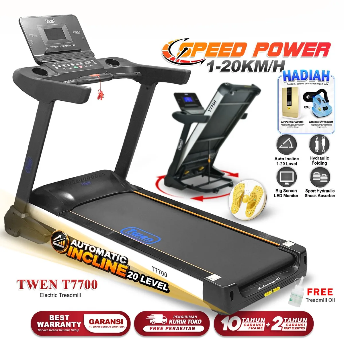 TWEN T7700 Treadmill Listrik Multifungsi Portable Treadmil Lipat
