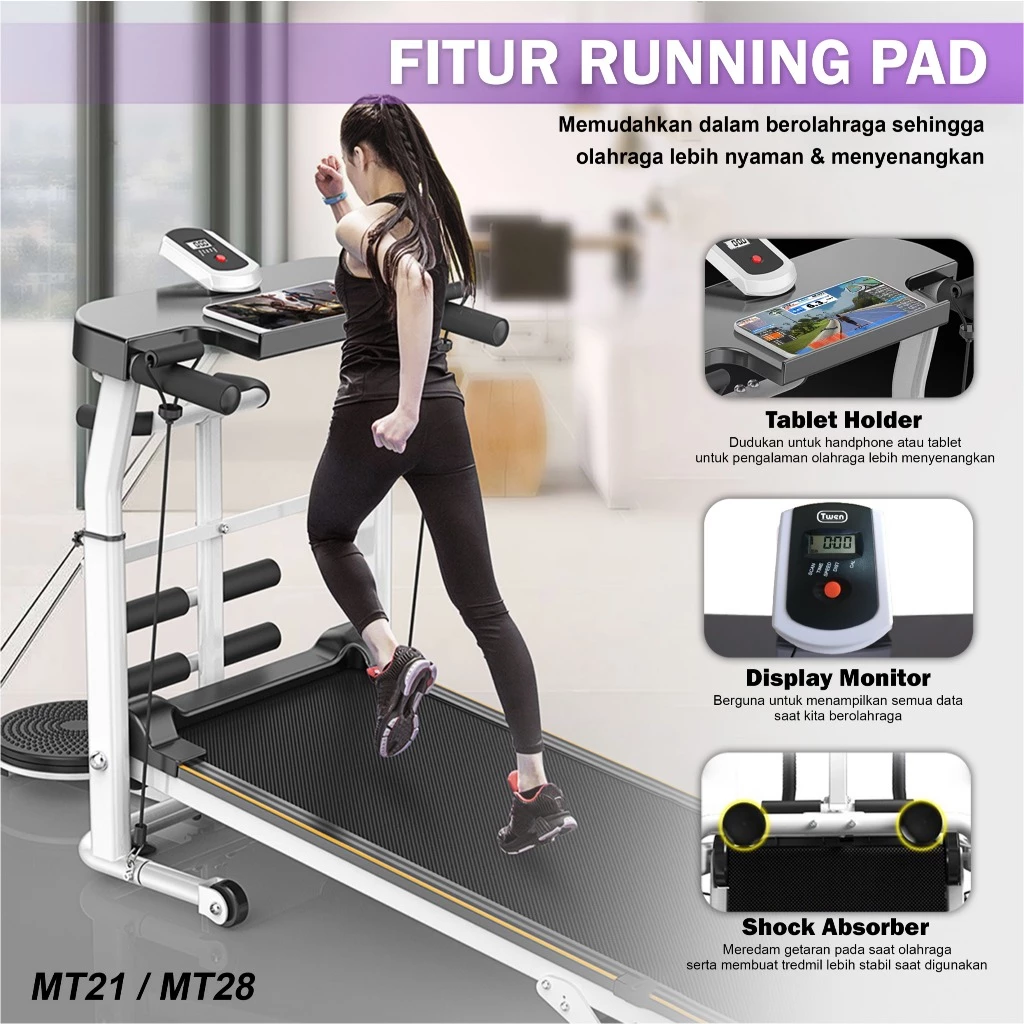 TWEN MT21 Putih Treadmill Tanpa Listrik Portable Multifungsi Gambar produk 6