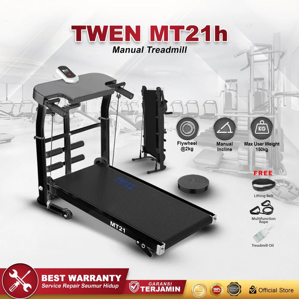 TWEN MT21 Hitam Treadmill Tanpa Listrik Portable Multifungsi