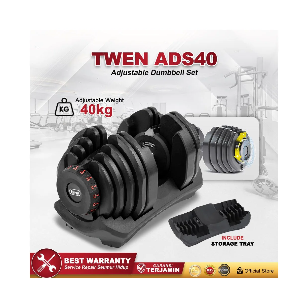 Twen Adjustable Dumbbell Set 40kg Alat Fitness
