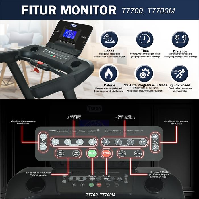 TWEN T7700 Treadmill Listrik Multifungsi Gambar produk 8