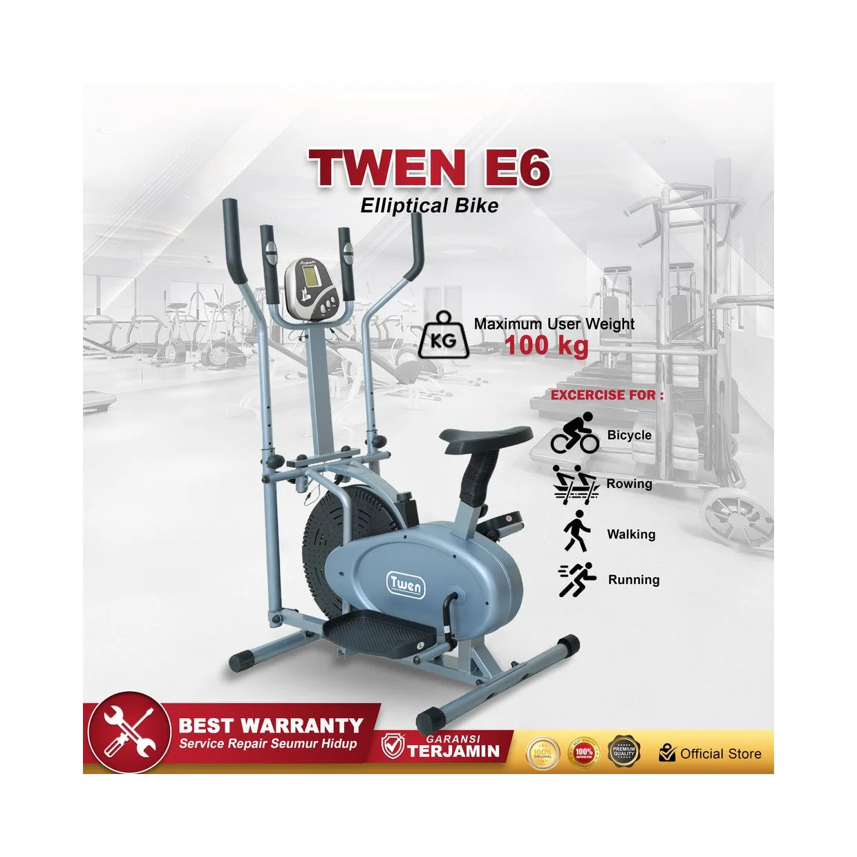 Twen E6 Silver Orbitrack Tracer Elliptical Bike Sepeda Fitness