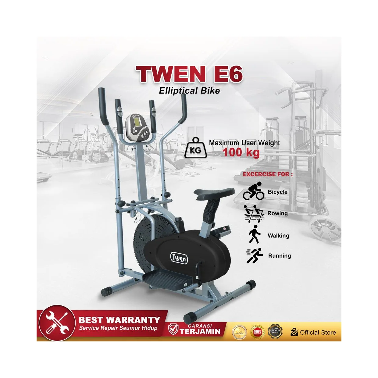 Twen E6 Black Orbitrack Tracer Elliptical Bike Sepeda Fitness