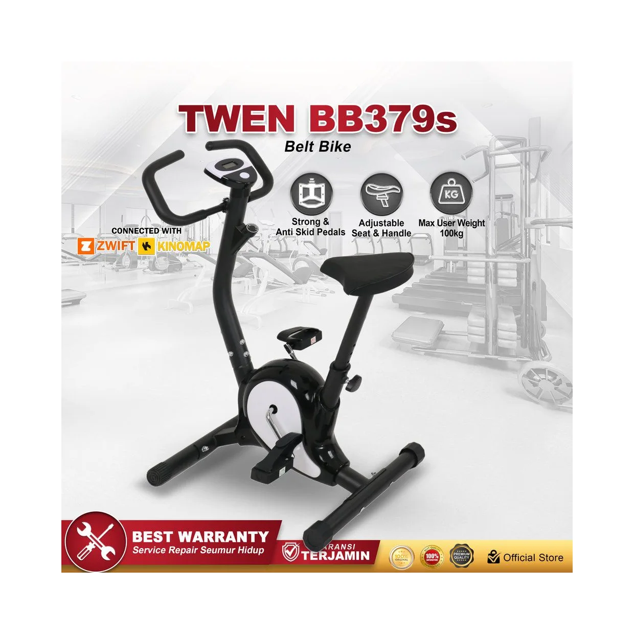 Twen BB379s Hitam + App Belt Bike Big Exercise Fitness Alat