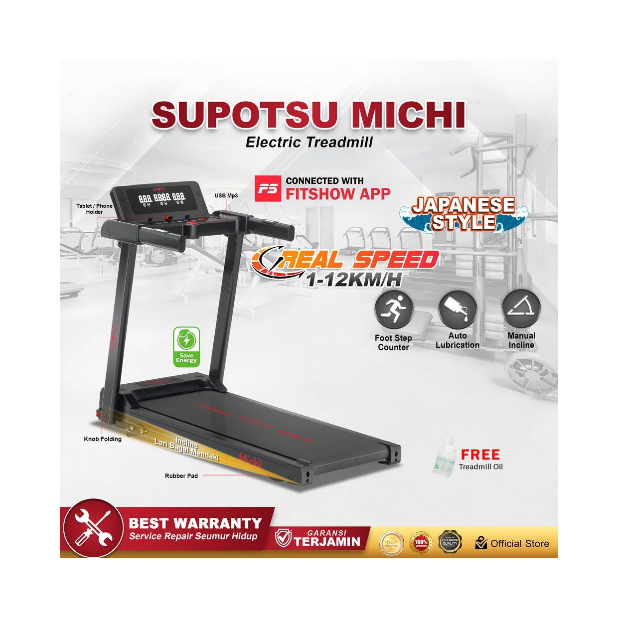 SUPOTSU Michi Hitam Treadmill Listrik Portable Multifungsi