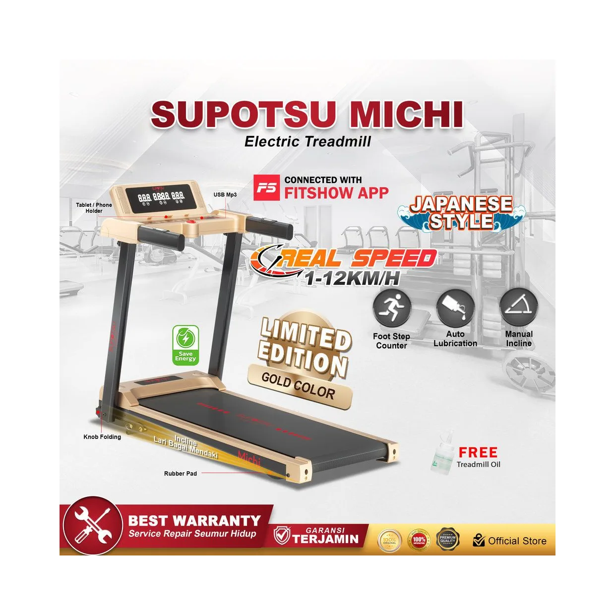SUPOTSU Michi Gold Treadmill Listrik Portable Multifungsi