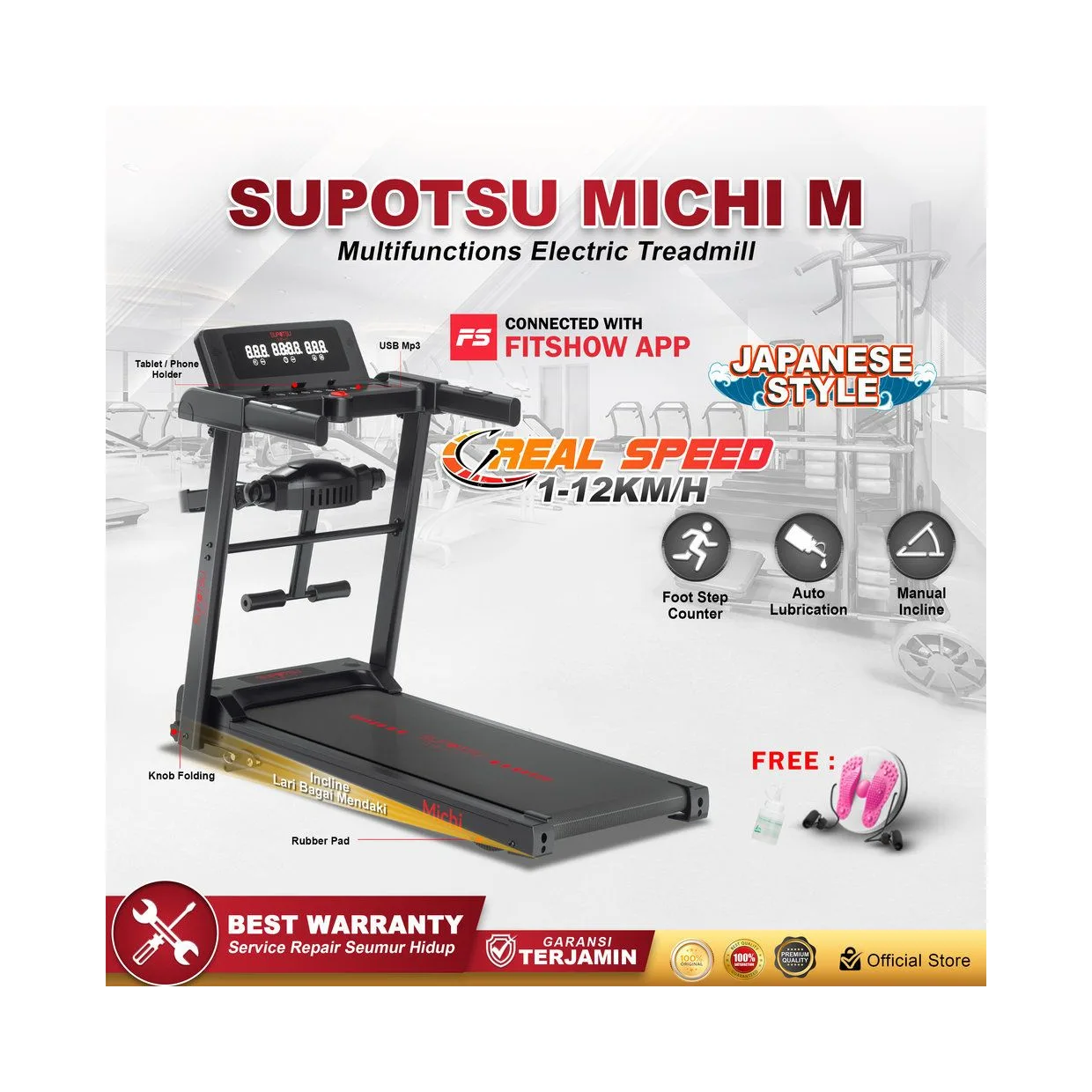 SUPOTSU Michi Hitam Multi Treadmill Listrik Portable Multifungsi