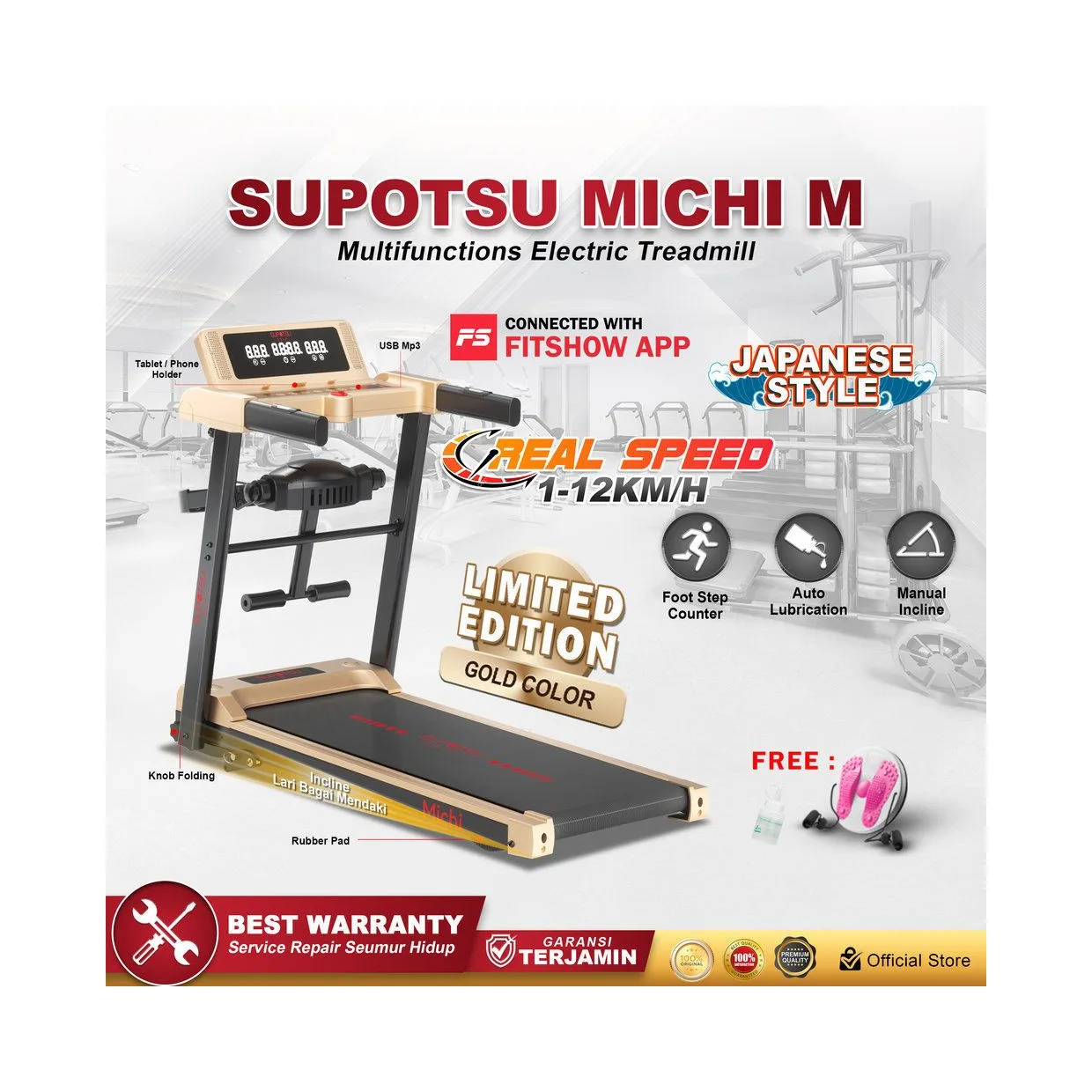 SUPOTSU Michi Gold Multi Treadmill Listrik Portable Multifungsi