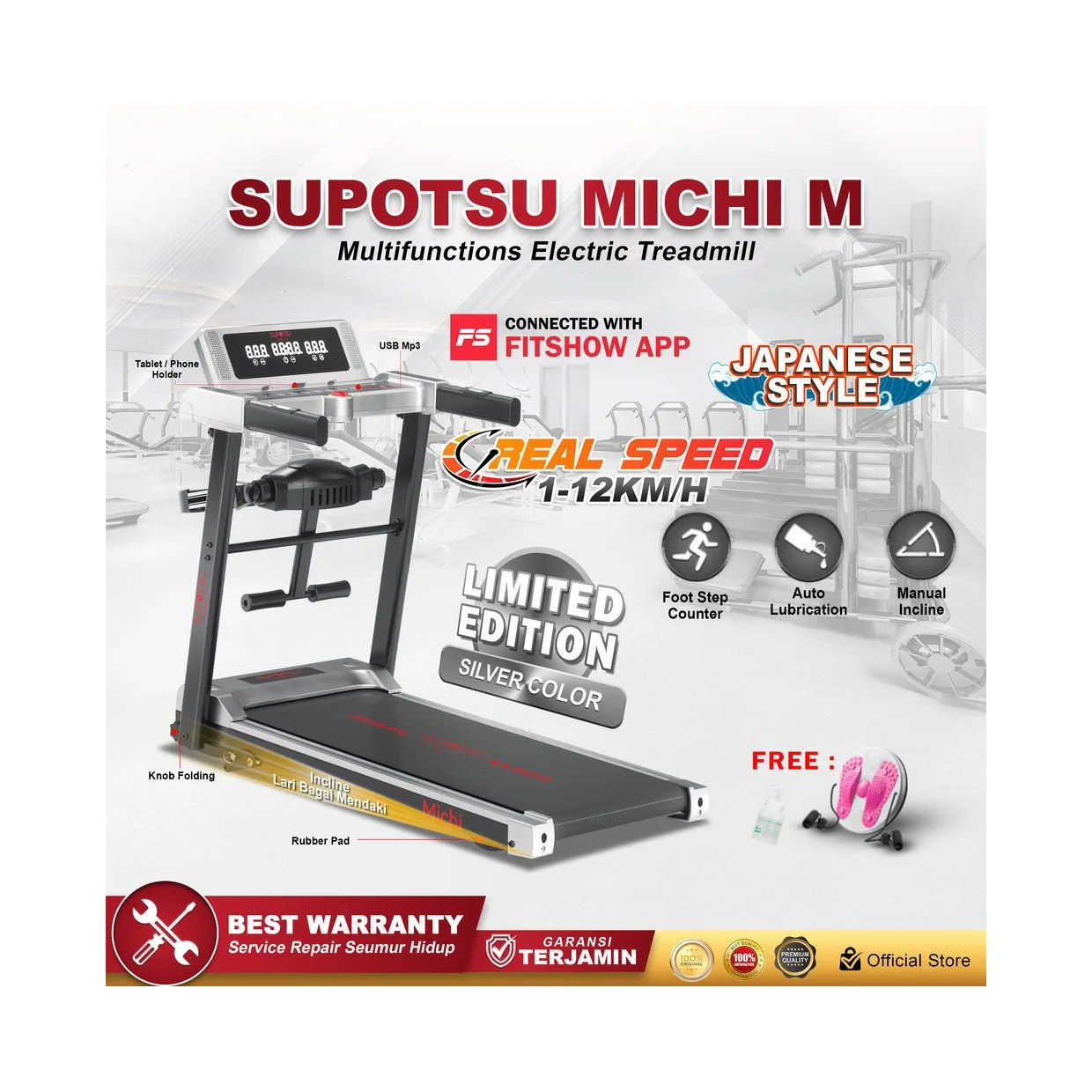 SUPOTSU Michi Silver Multi Treadmill Listrik Portable