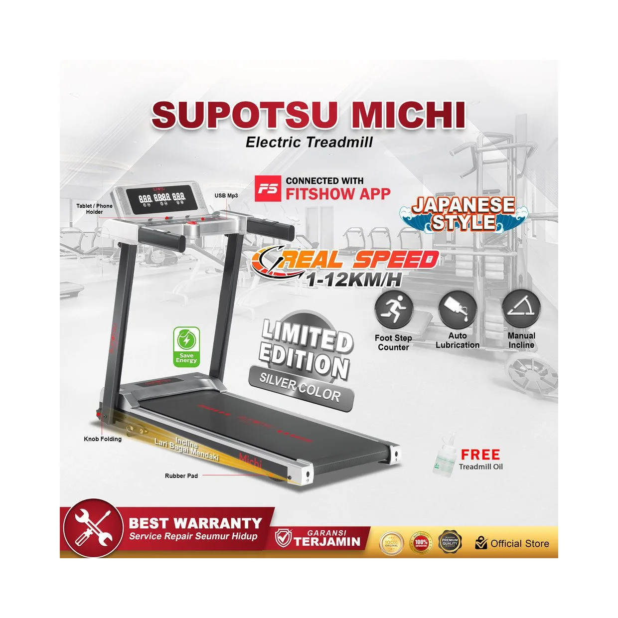 SUPOTSU Michi Silver Treadmill Listrik Portable Multifungsi