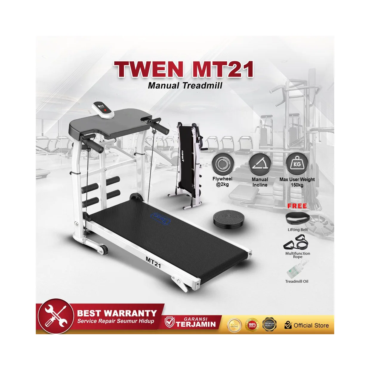 TWEN MT21 Putih Treadmill Manual Tanpa Listrik Portable
