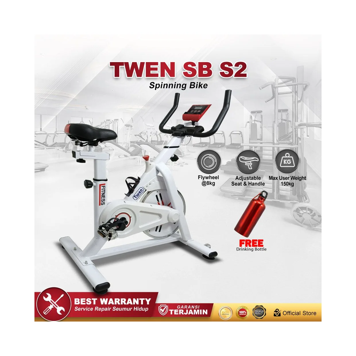 Twen S2 White Spin Bike Sepeda Kardio Statis Fitness Alat