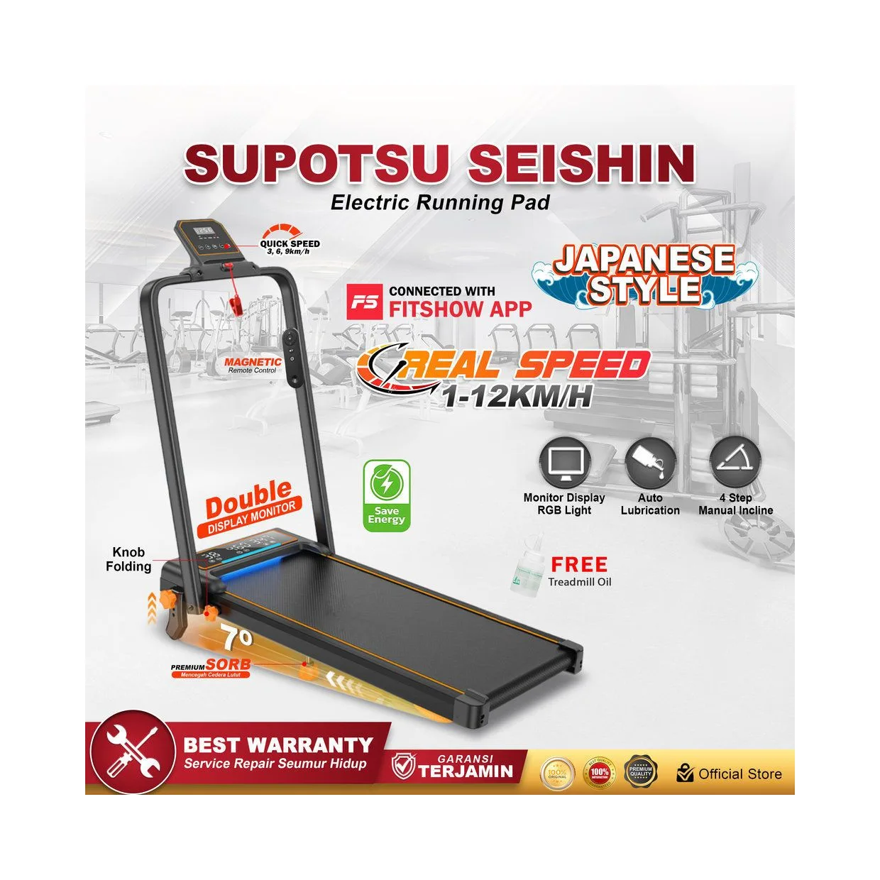 SUPOTSU Seishin Black Treadmill Listrik Portable Multifungsi