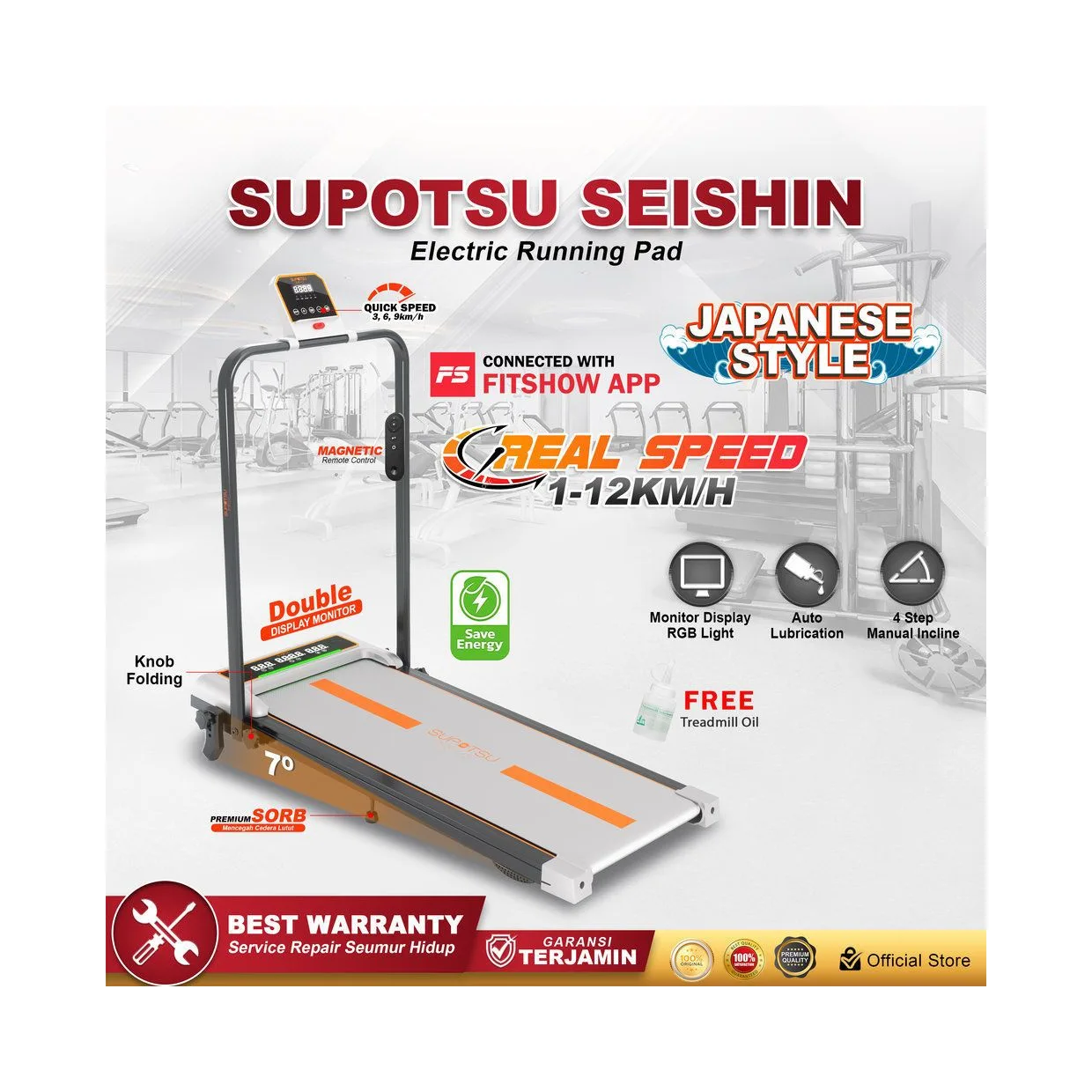 SUPOTSU Seishin Silver Treadmill Listrik Portable Multifungsi