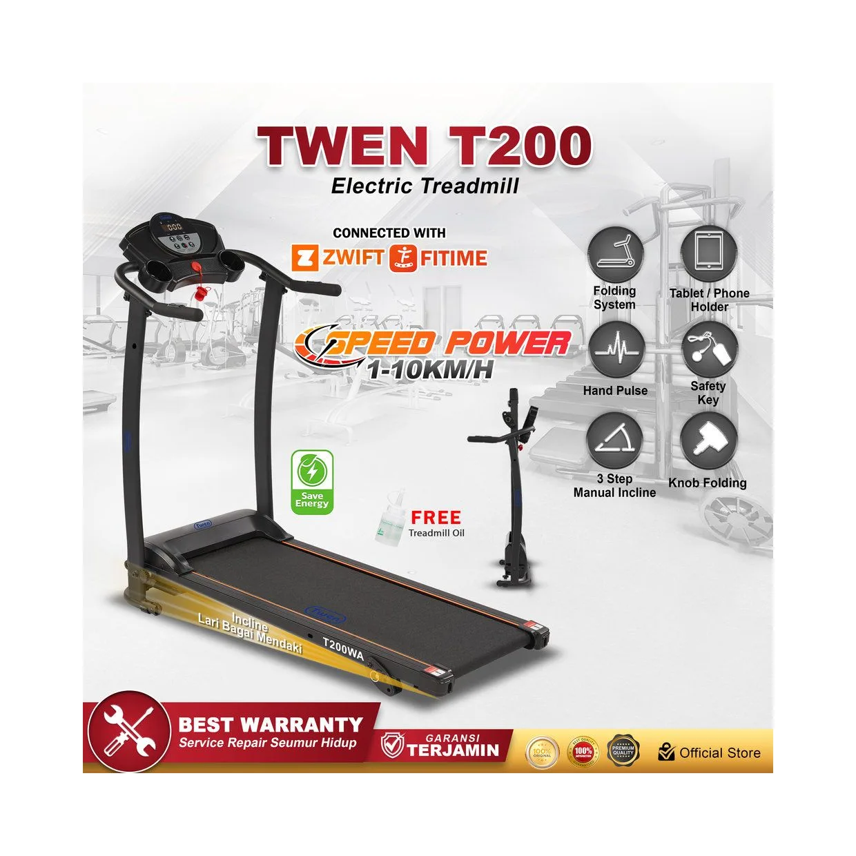 TWEN T200 Treadmil Listrik Treadmill Portable Multifungsi Lipat