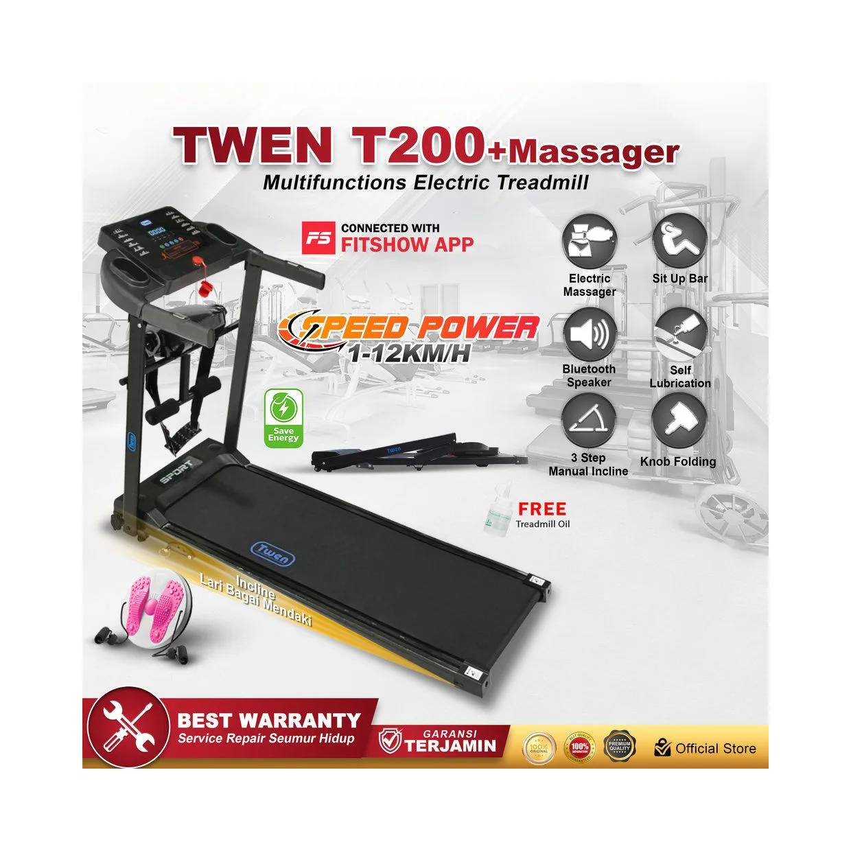 TWEN T200 New+M Treadmil Listrik Multifungsi Treadmill Portable