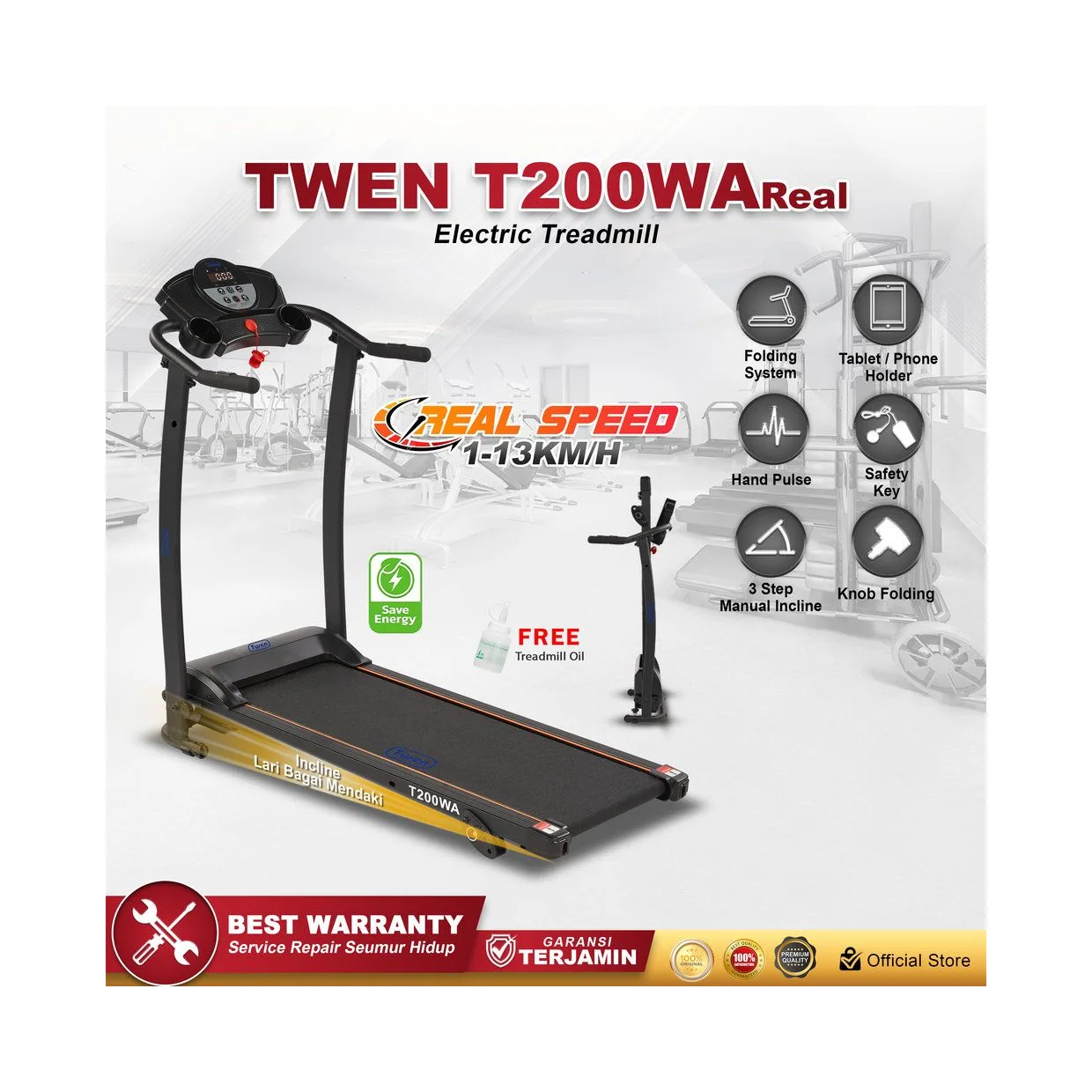TWEN T200 WA Real Treadmill Listrik Portable Multifungsi