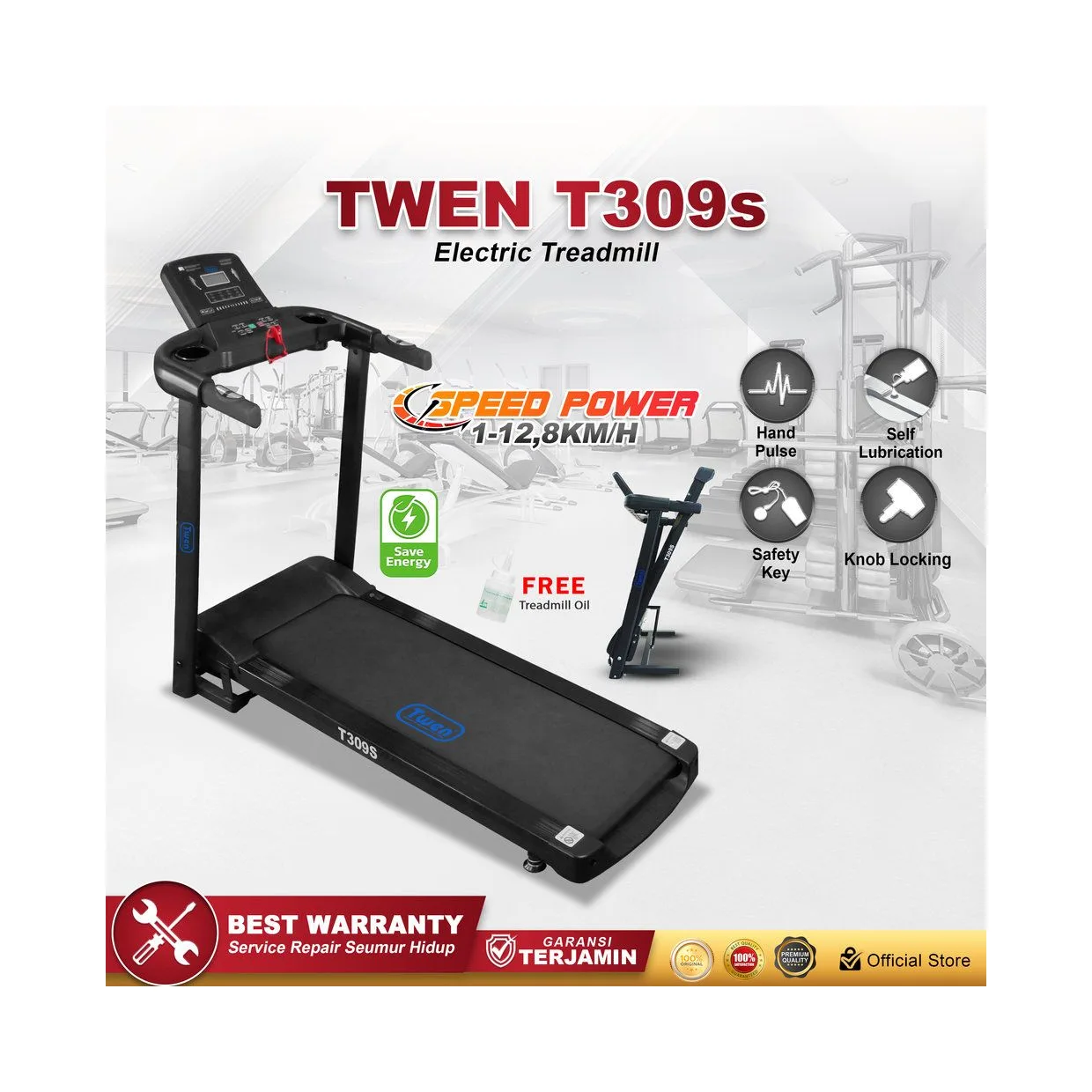 TWEN T309s Treadmill Listrik Portable Multifungsi Treadmil Lipat
