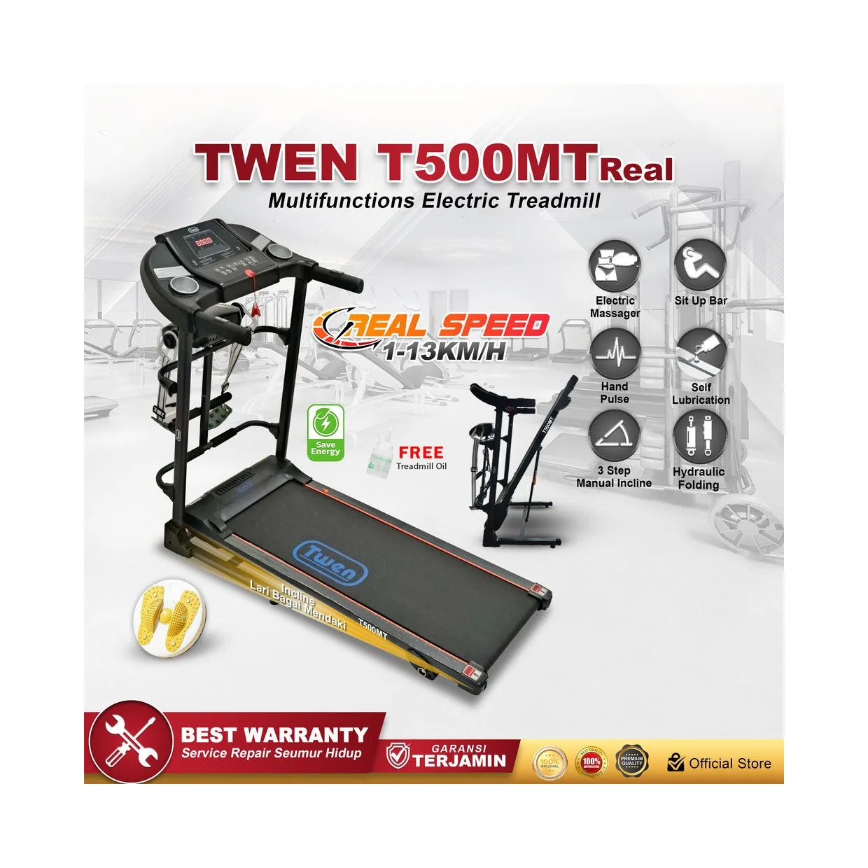 TWEN T500 MT Real Treadmill Listrik Multifungsi Portable