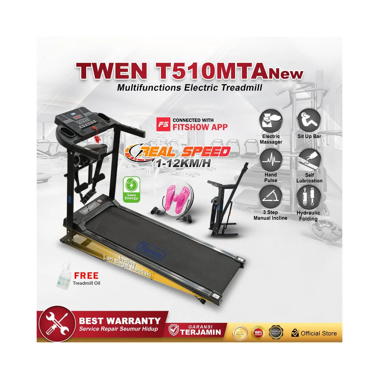 TWEN T510 MTANew Treadmill Listrik Multifungsi Portable Treadmil