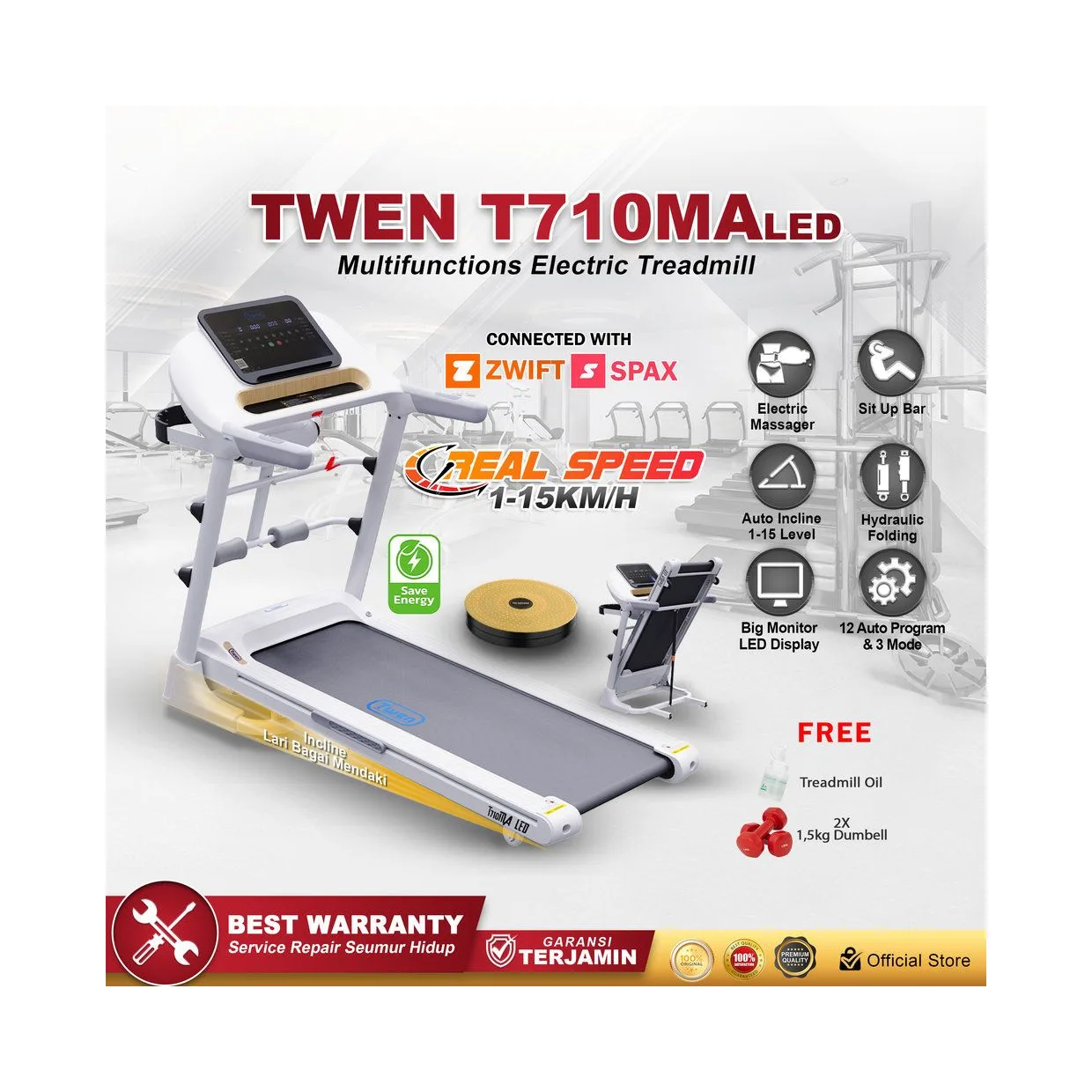 TWEN T710 MA LED Putih Treadmill Listrik Multifungsi Portable