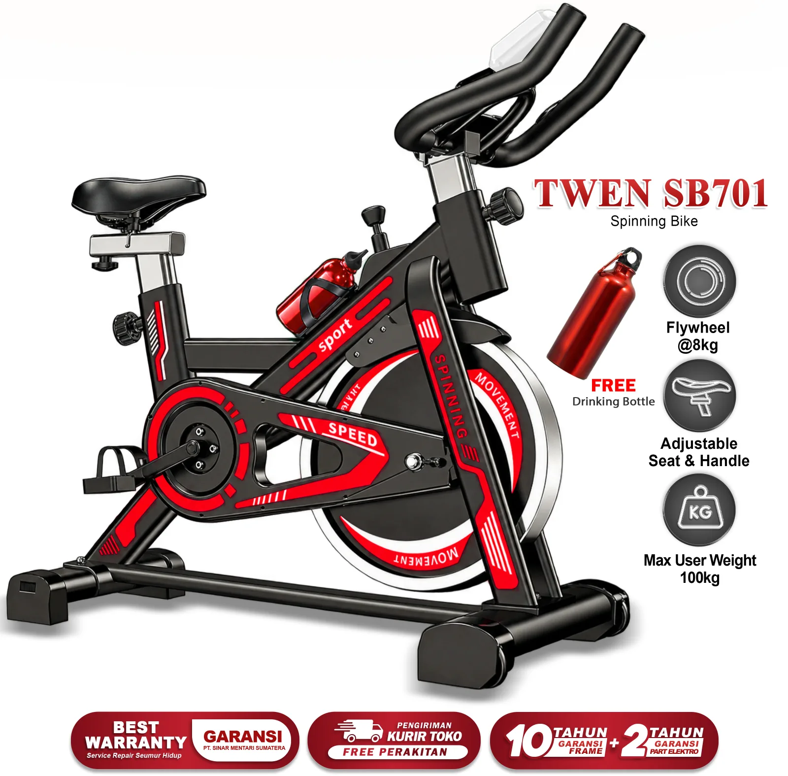 Twen SB701 Red Spinning Bike Sepeda Kardio Statis Fitness Alat