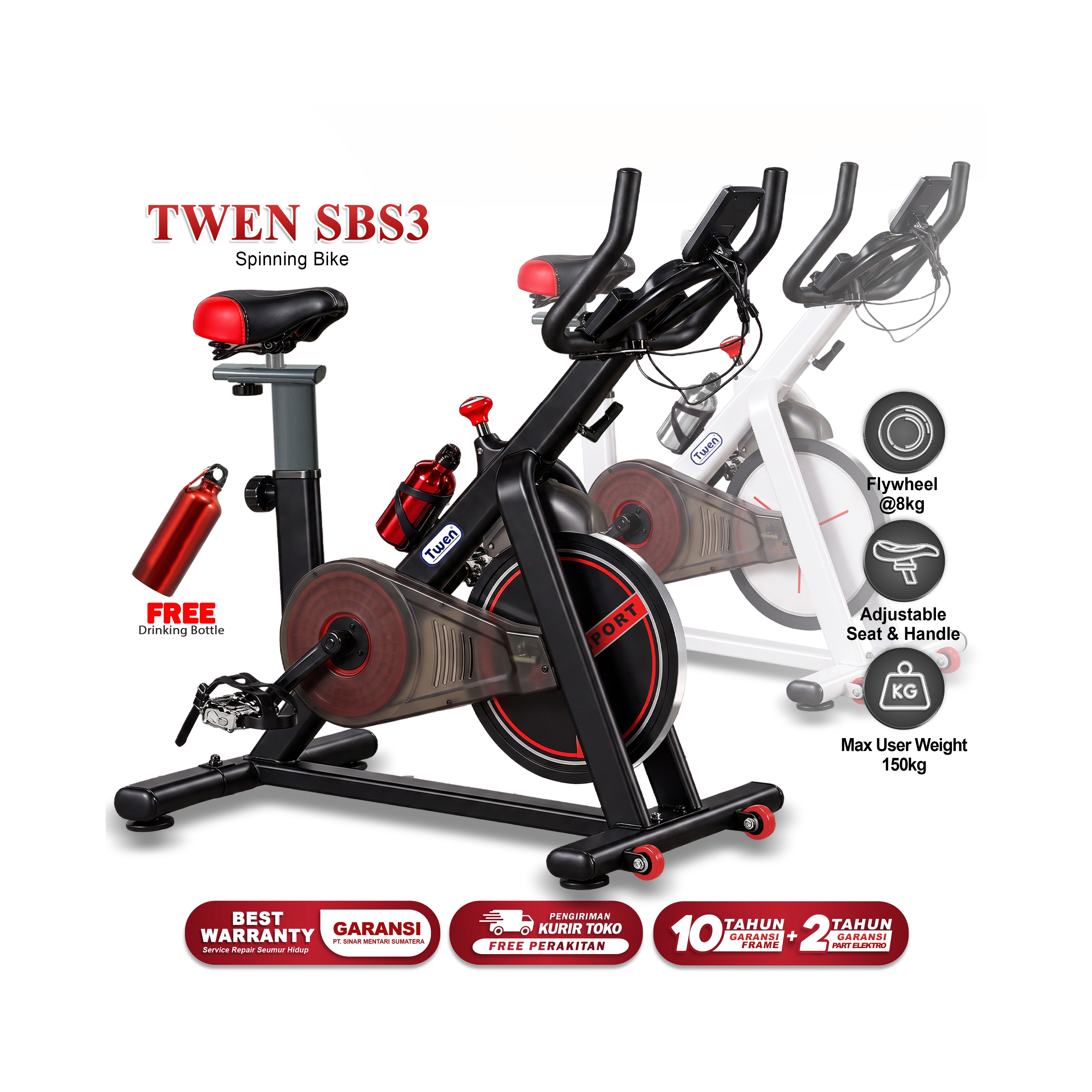 Twen S3 White Spin Bike Sepeda Kardio Statis Fitness Alat Gambar produk 1