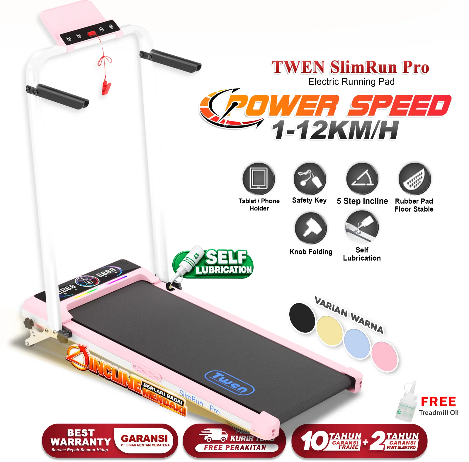 TWEN Slim Run Pro Pink Treadmill Listrik Portable Walking Pad