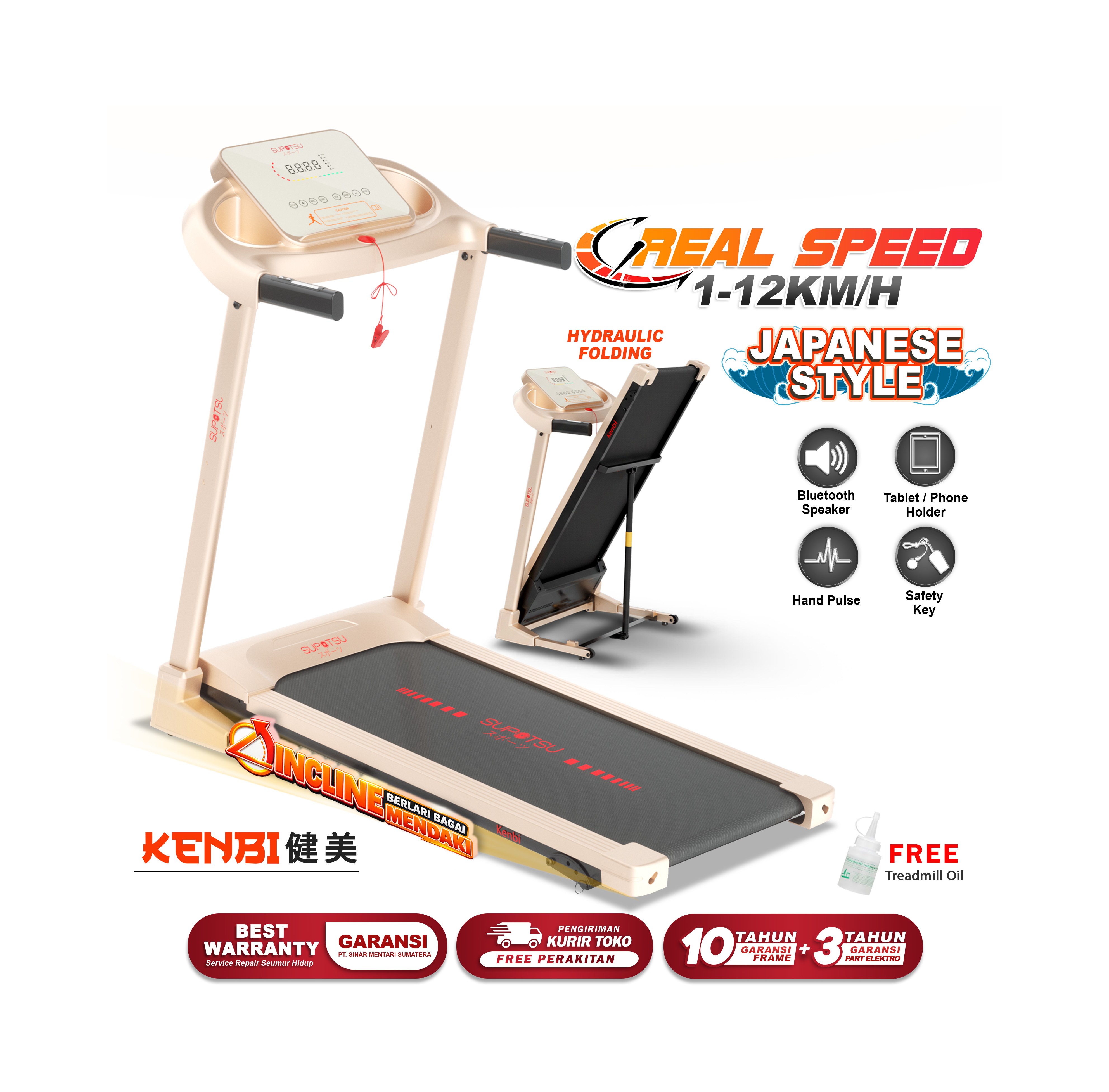 SUPOTSU Kenbi Gold Treadmill Listrik Treadmill Portable Treadmill Multifungsi Treadmil Lipat Alat Olahraga