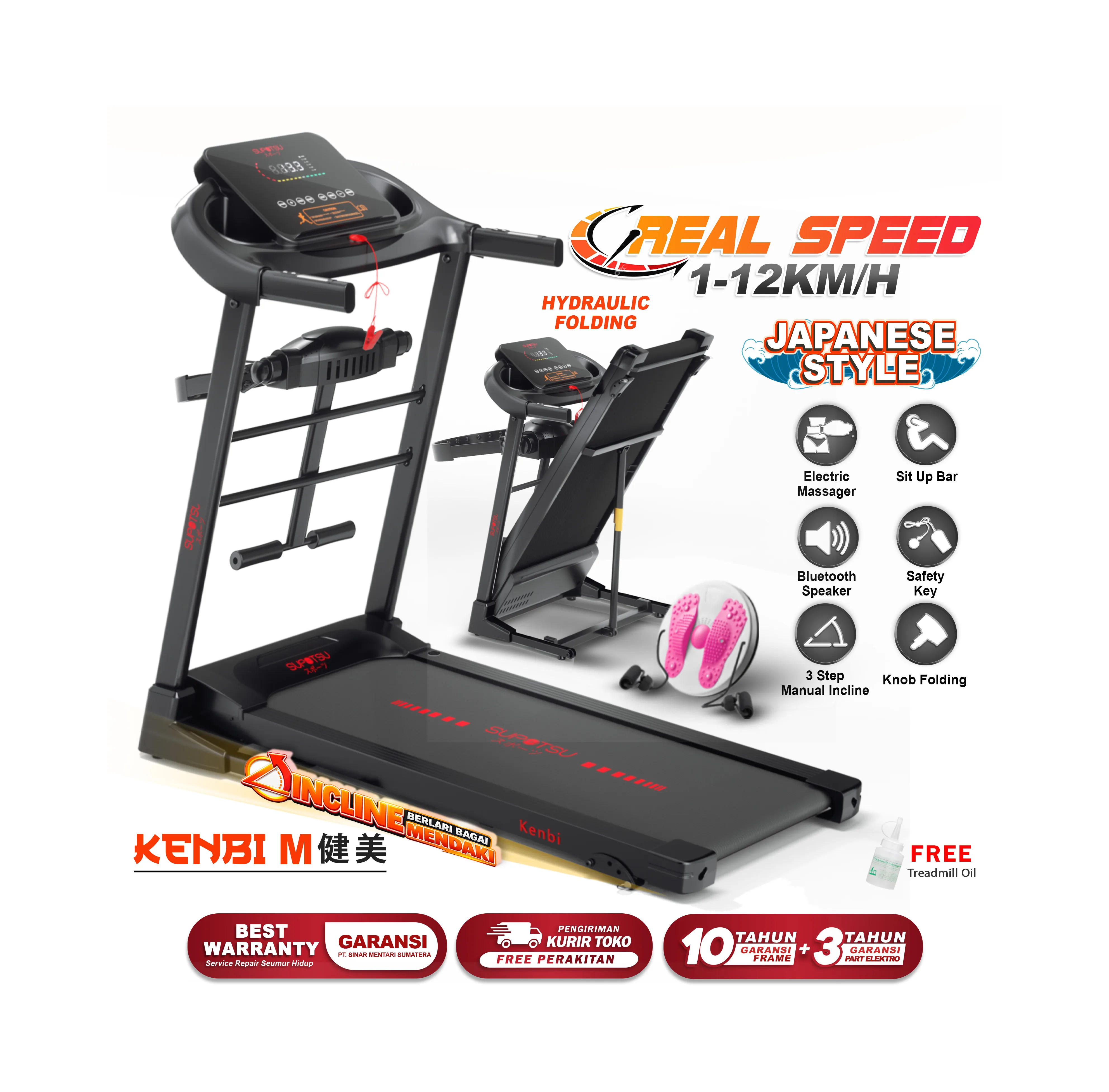 SUPOTSU Kenbi Black Multi Treadmill Listrik Portable Multifungsi