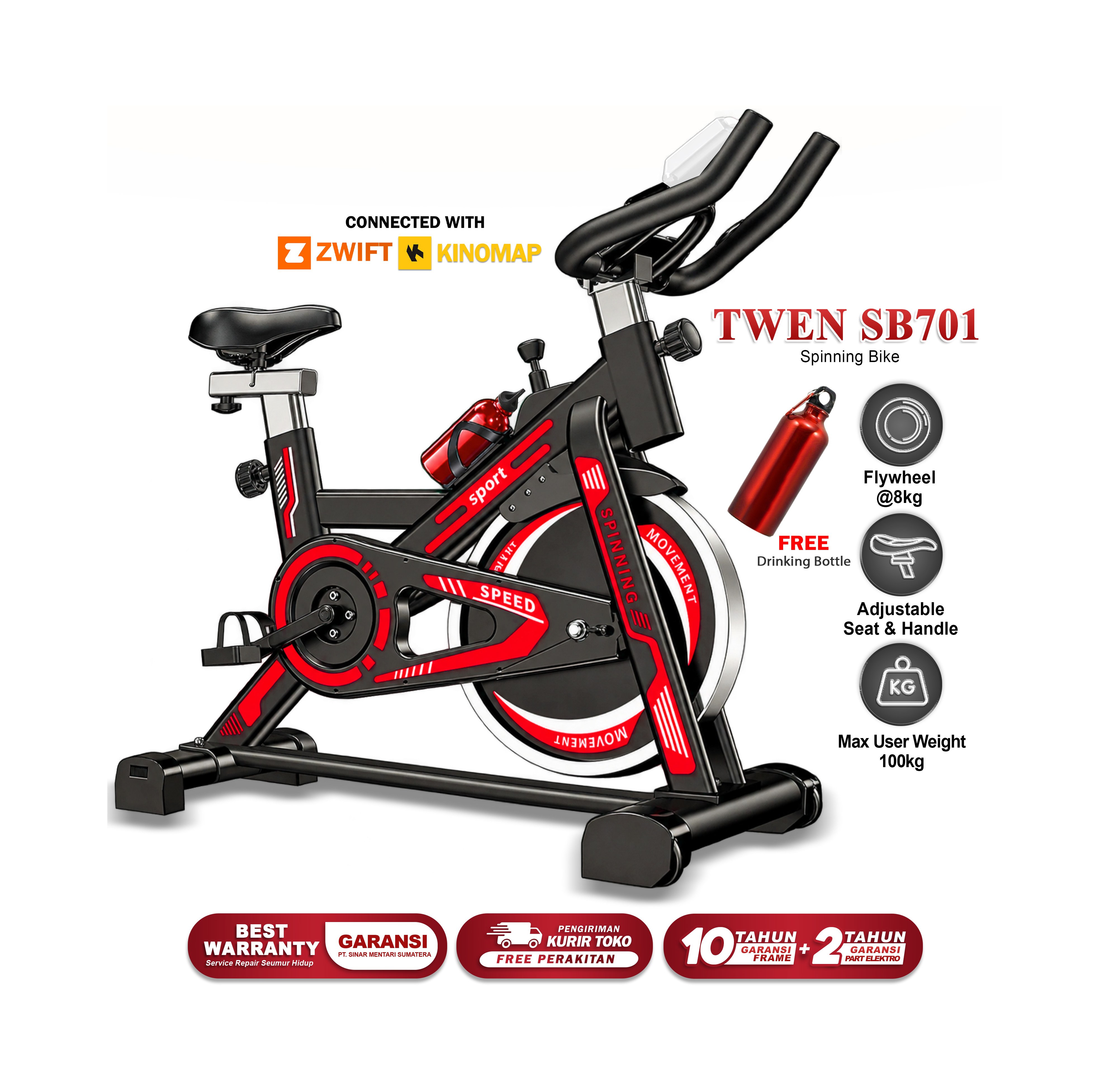 Twen SB701 Red + App Spinning Bike Sepeda Kardio Sepeda Statis Sepeda Fitness Alat Olahraga