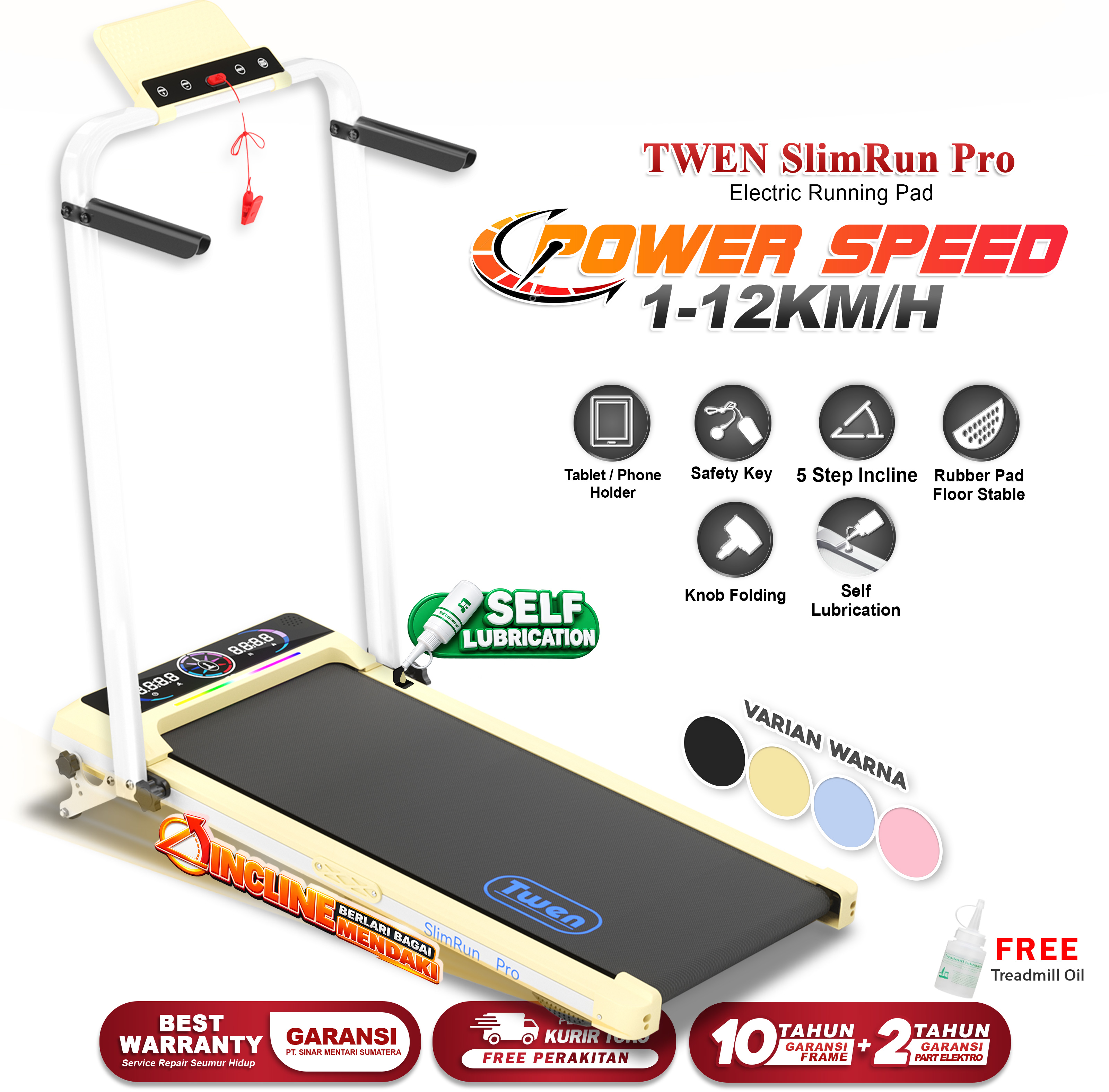 TWEN Slim Run Pro Kuning Treadmill Listrik Portable Walking Pad Gambar produk 1