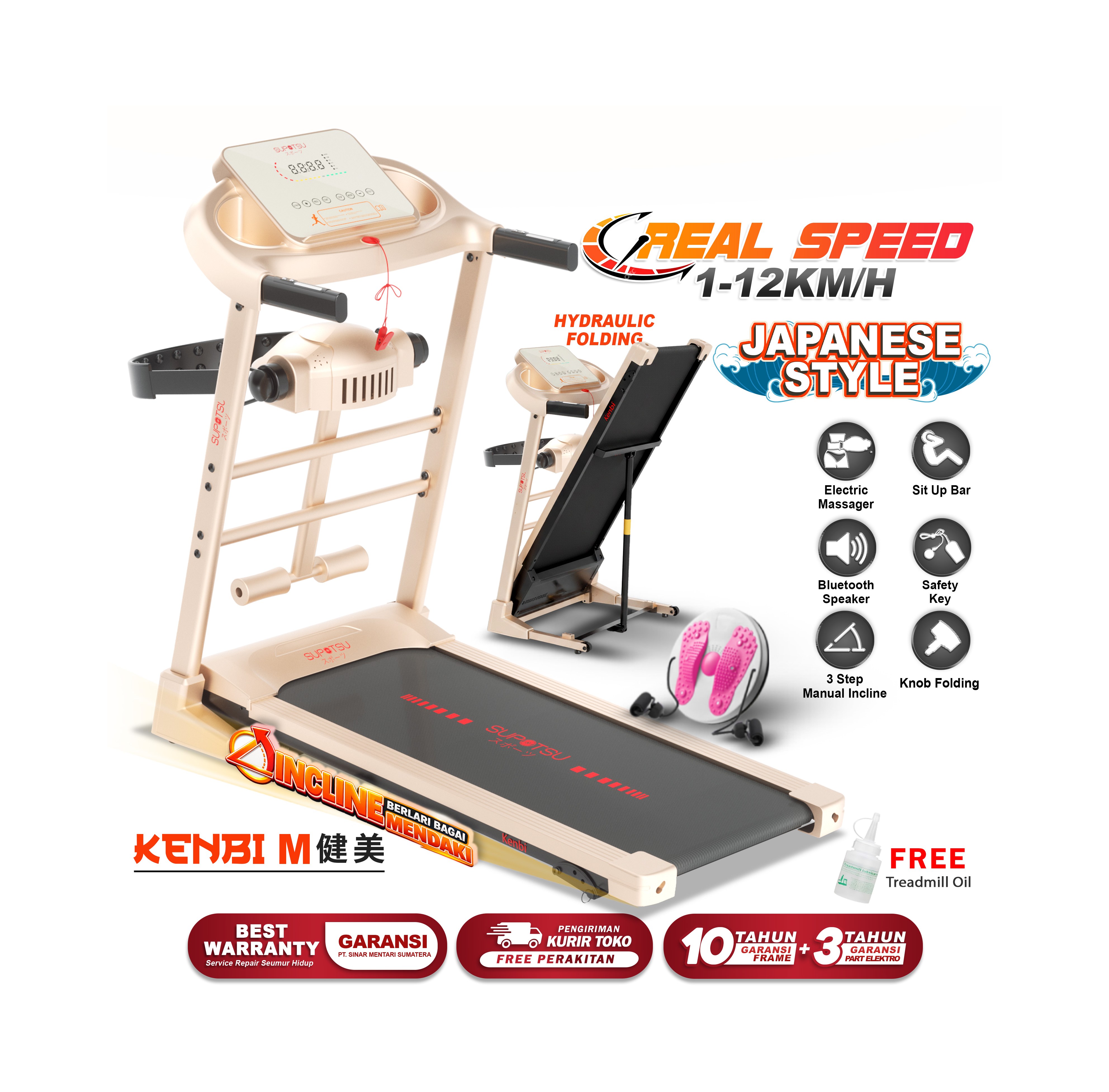 SUPOTSU Kenbi Gold Multi Treadmill Listrik Treadmill Portable Treadmill Multifungsi Treadmil Lipat Alat Olahraga