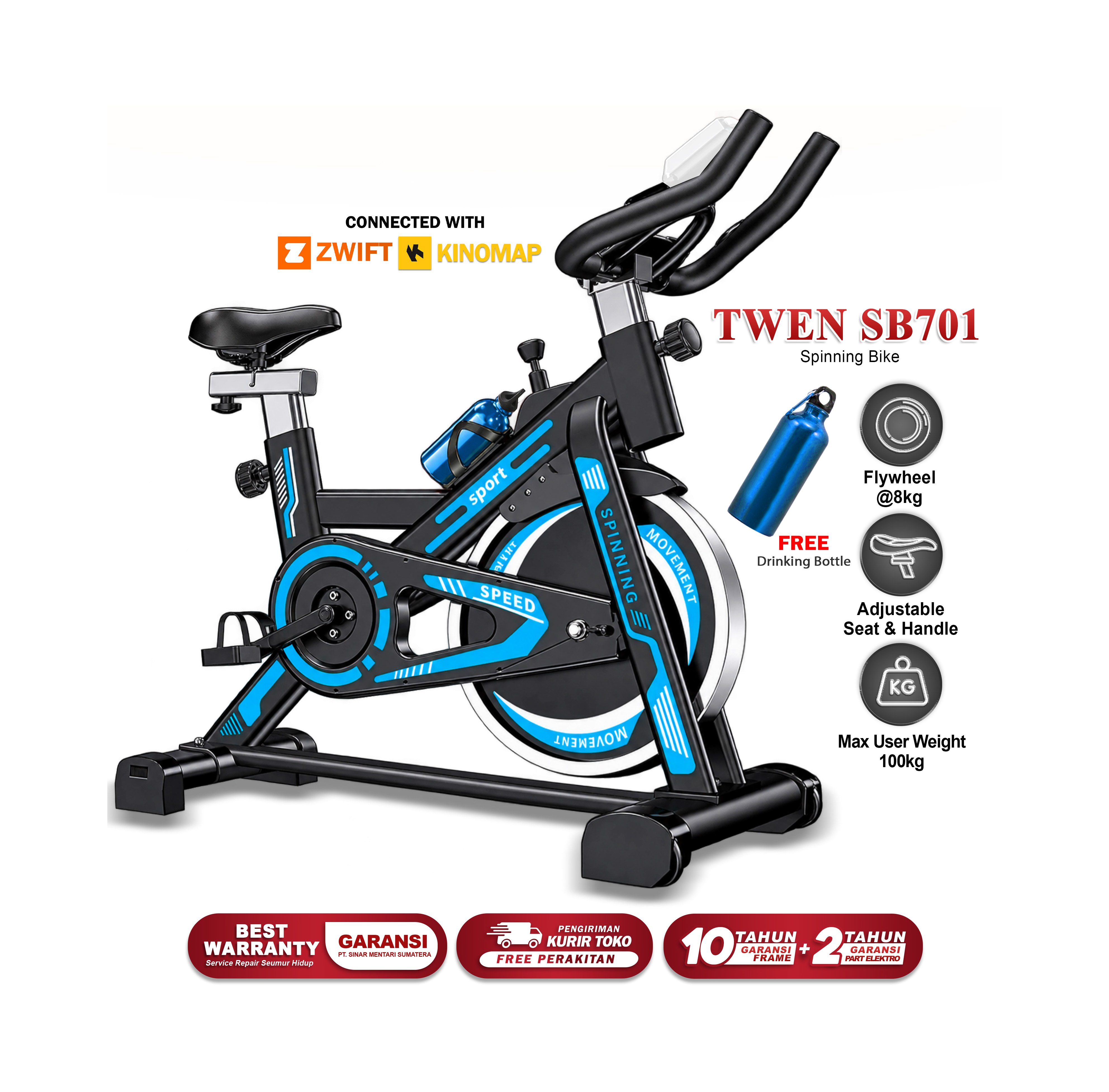 Twen SB701 Blue + App Spinning Bike Sepeda Kardio Statis Fitness Gambar produk 1