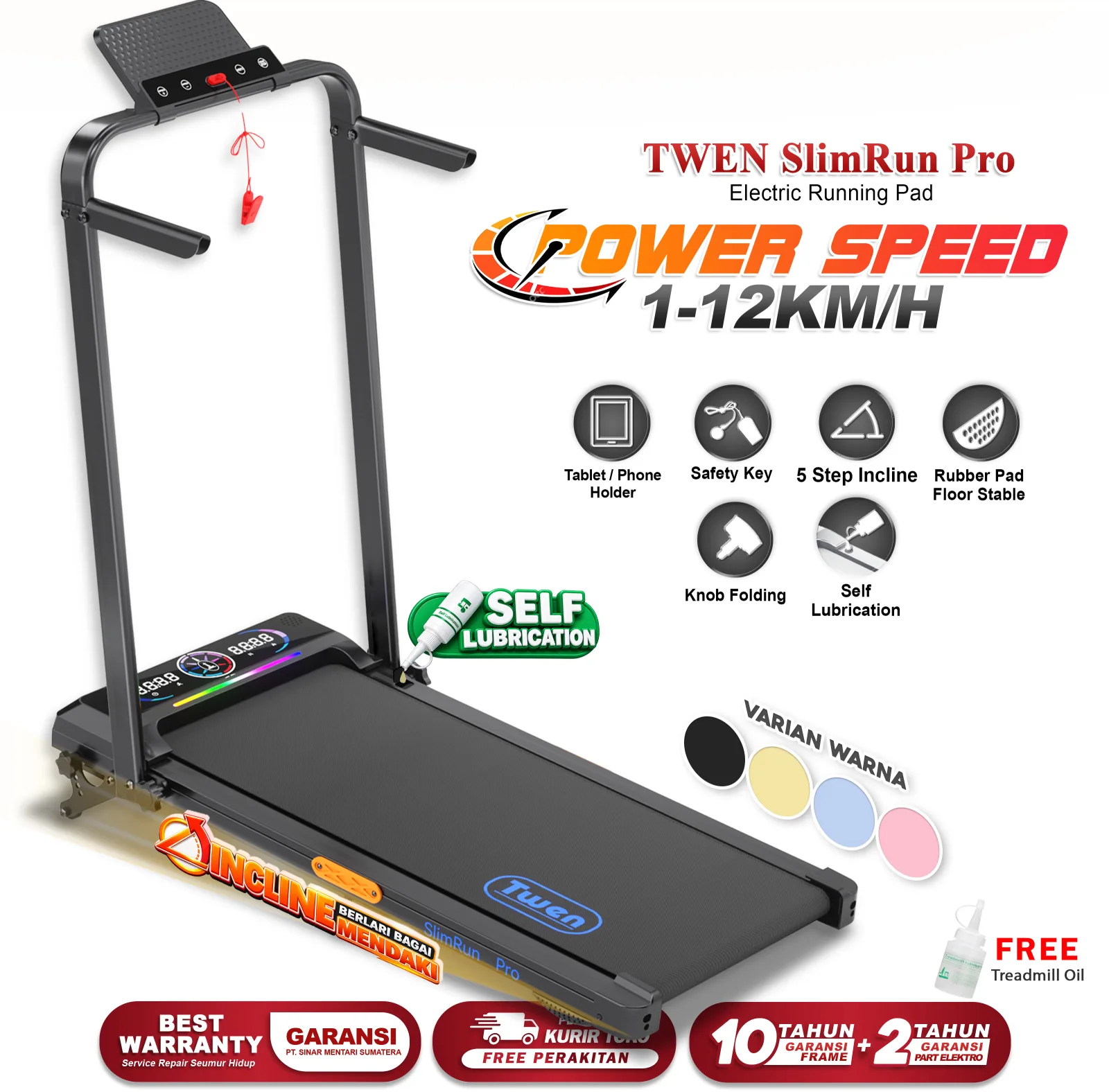 TWEN Slim Run Pro Hitam Treadmill Listrik Portable Walking Pad