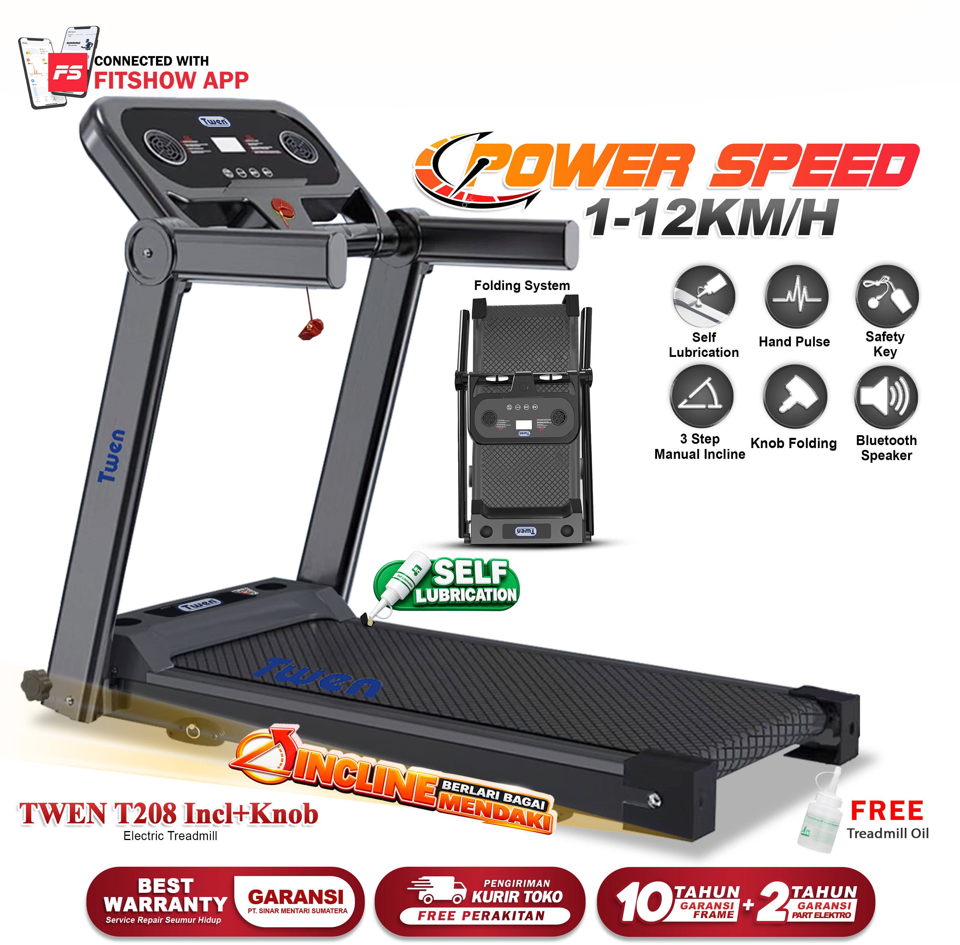 TWEN T208 Incline+Knob Treadmil Listrik Treadmill Portable Treadmill Multifungsi Treadmil Lipat Alat Olahraga