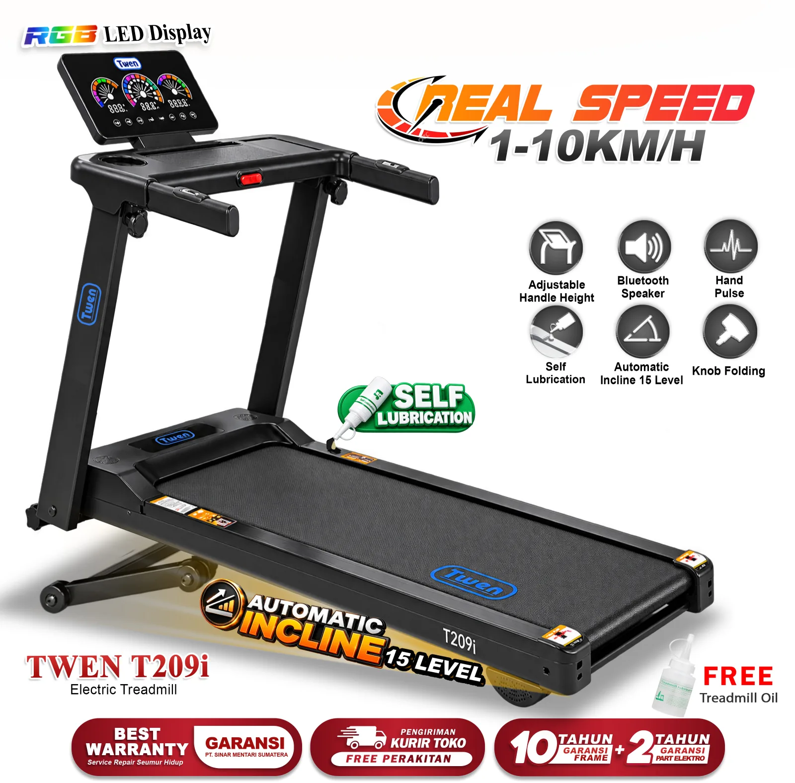 Twen T209I Treadmill Listrik Portable Multifungsi Treadmil Lipat