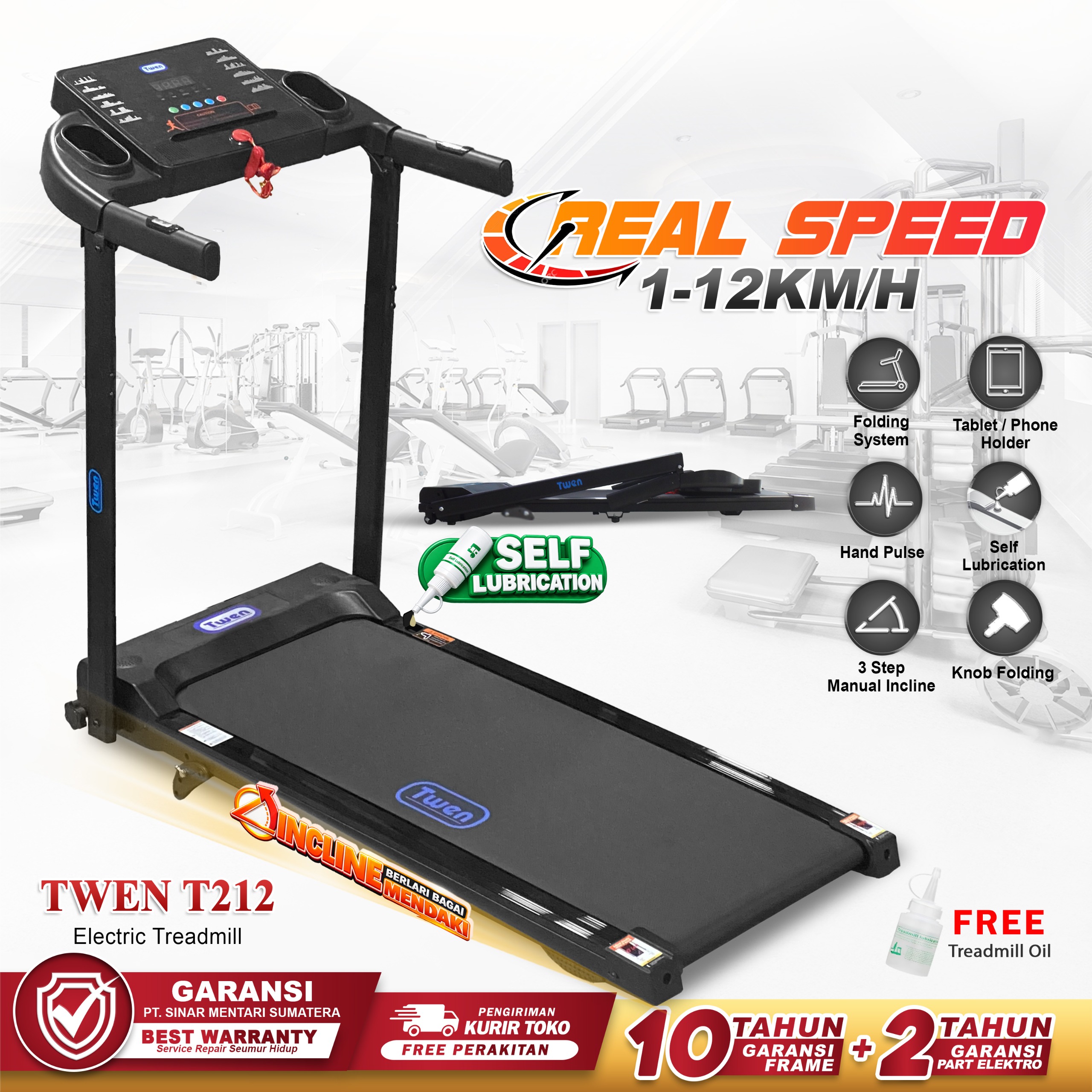 TWEN T212Real Treadmil Listrik Treadmill Portable  Treadmill Multifungsi Treadmil Lipat Alat Olahraga