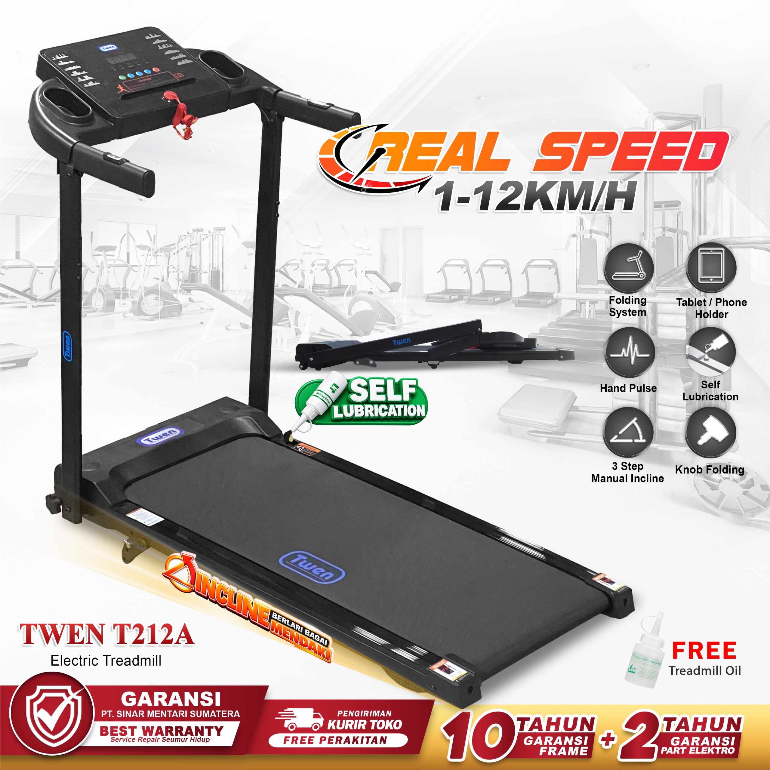 TWEN T212A Real Treadmil Listrik Treadmill Portable Treadmill Multifungsi Treadmil Lipat Alat Olahraga