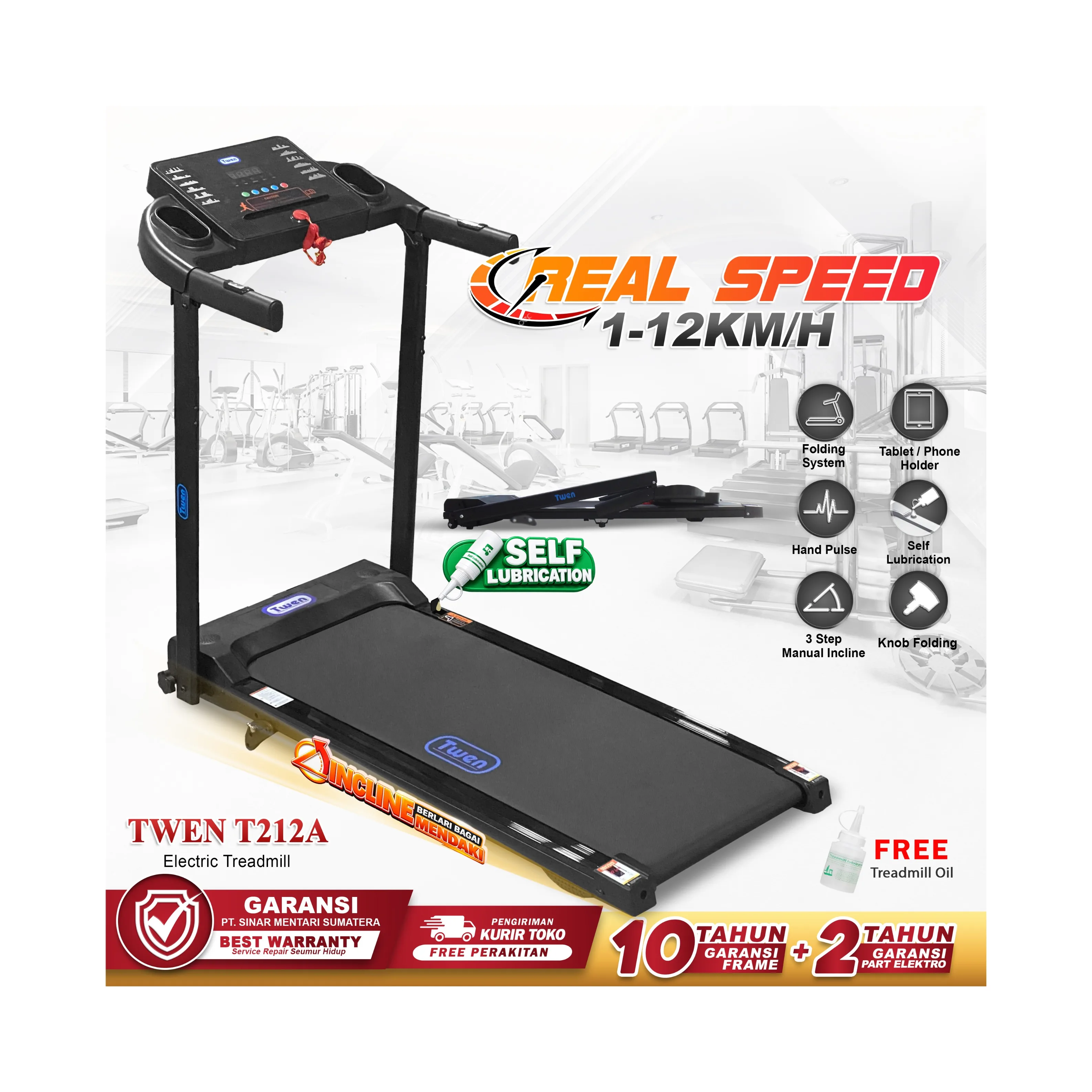 TWEN T212A Real Treadmil Listrik Treadmill Portable Multifungsi