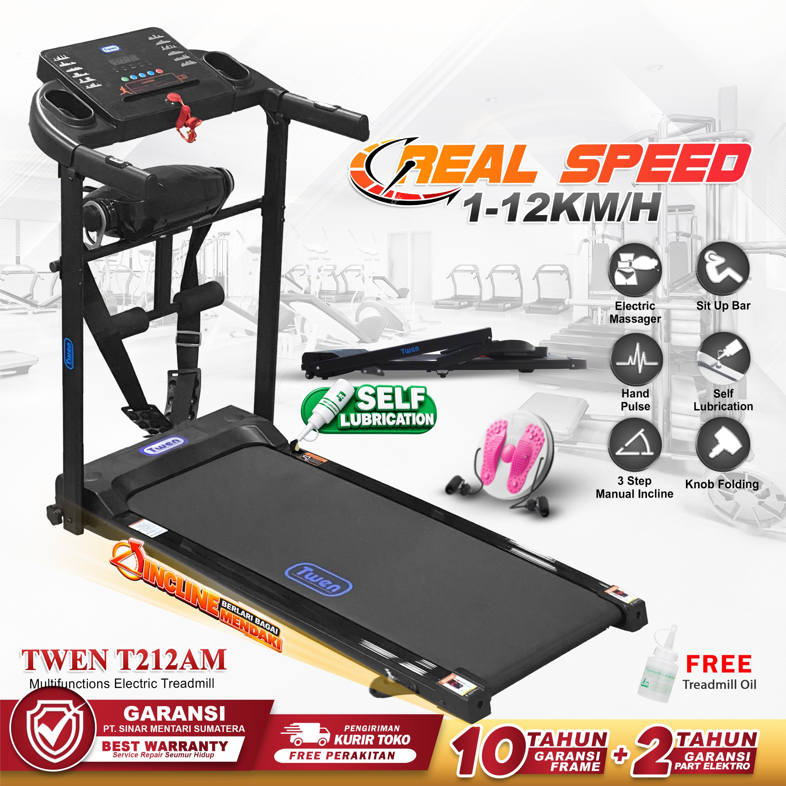 TWEN T212AM Real Treadmil Listrik Multifungsi Treadmill Portable Treadmill Multifungsi Treadmil Lipat Alat Olahraga
